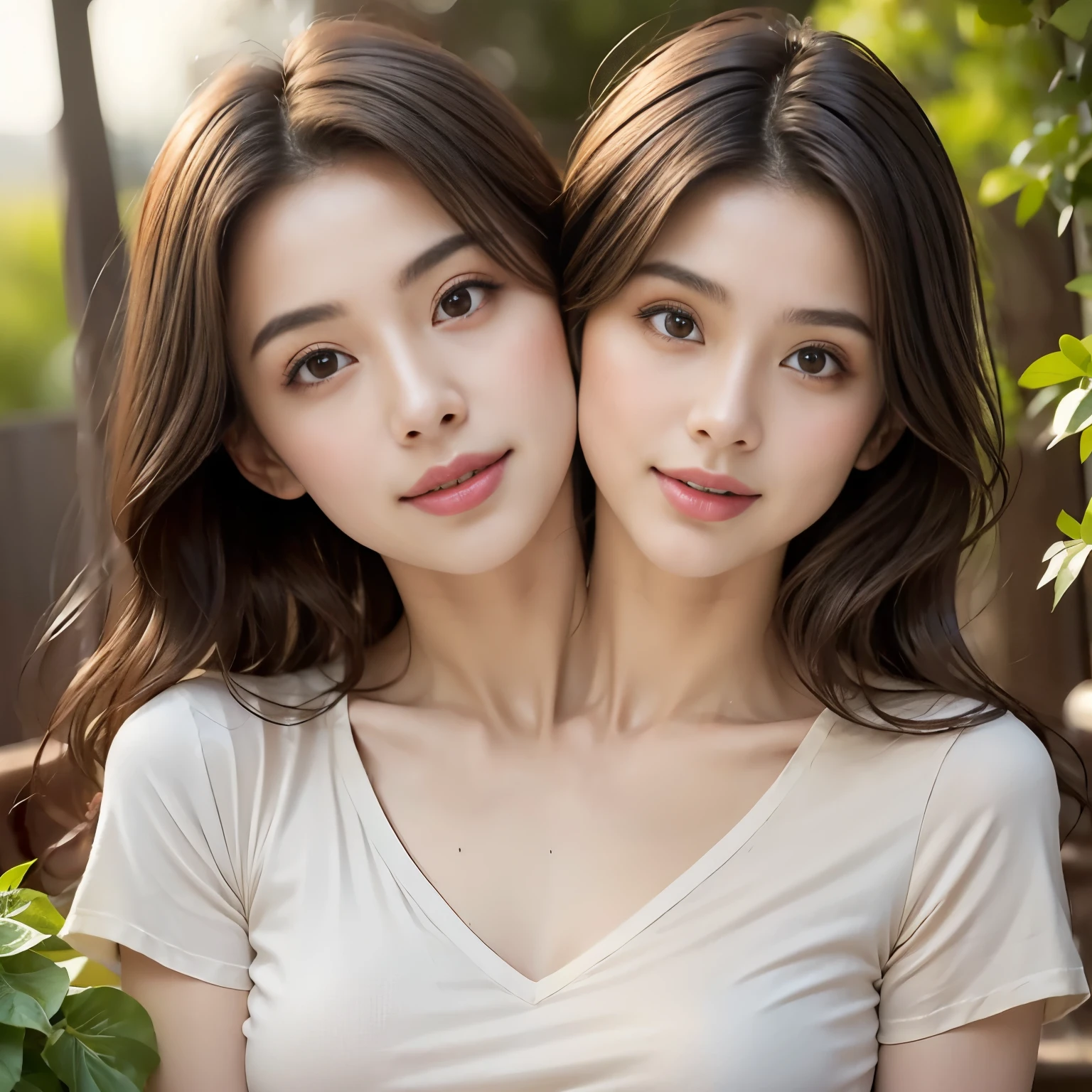 ((Japan people, perfect beautiful twin sisters, 22 years old)), dressed, (photo real: 1.4), (hyperrealistic: 1.4), (real: 1.3), conjoined_dicephalus, (two heads:1.2)
(smoother lighting: 1.05), (improved lighting quality of movies: 0.9), 32K, backlit, face light, glossy skin, (brighten light: 1.2), (increase quality: 1.4),
(top quality real texture skin), fine eyes, fine face,
(Tired, sleepy and satisfied: 0.0), T-shirt