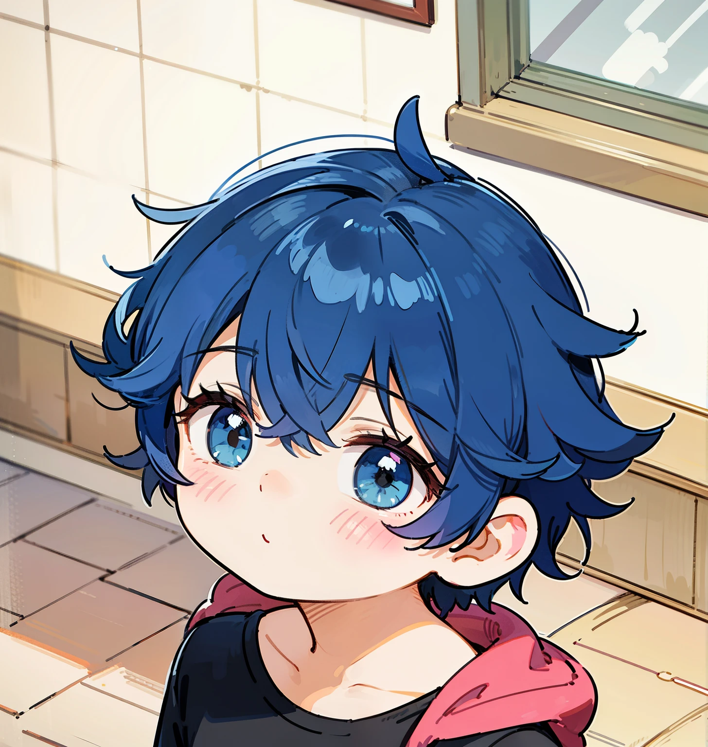 Cartoon of boy with dark blue hair wearing black t-shirt