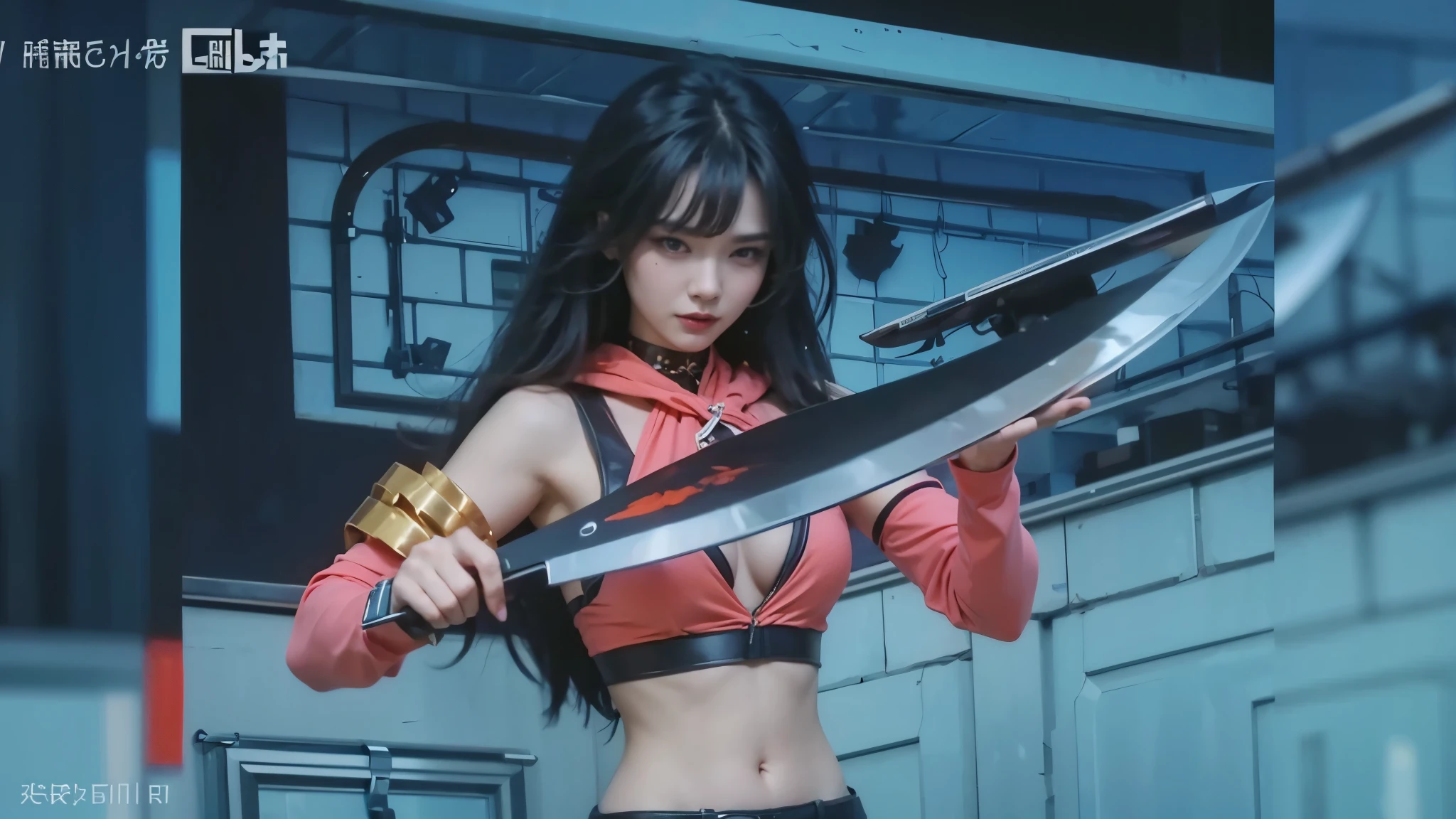 A charming beauty,Big chest,Heavy makeup,A grim expression,sexy,holding a knife