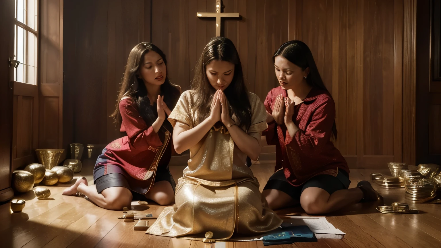 Generate a highly detailed, ultra-realistic 4K image depicting the theme of financial liberation through prayer. The scene should portray a moment of divine intervention and financial freedom, incorporating symbolic elements, as a family or individual in prayer, accompanied by visual representations of financial blessings and abundance. 