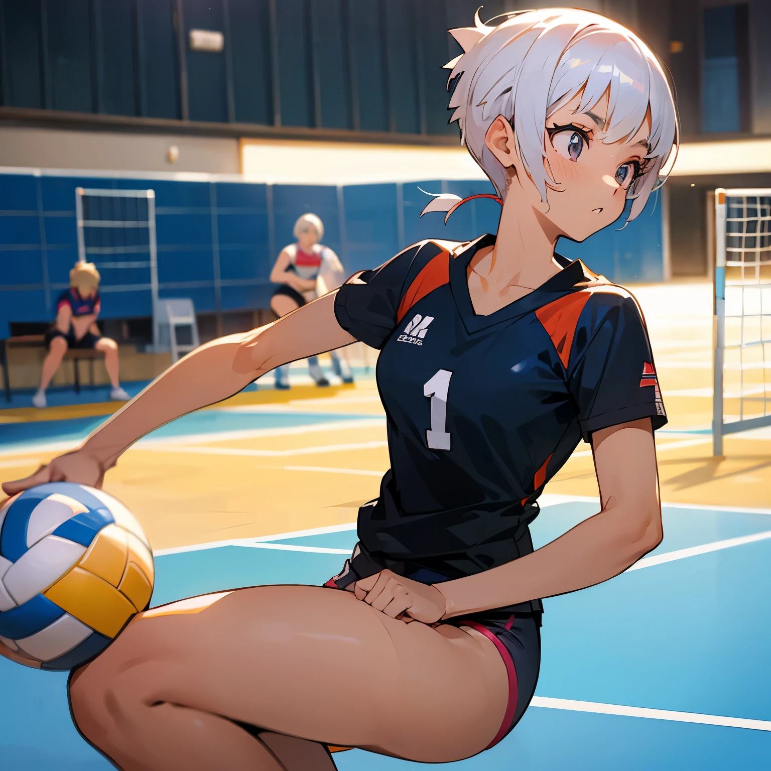 a college  girl with completely shaved hair practices in the volley ball club. Estilo dibujo anime