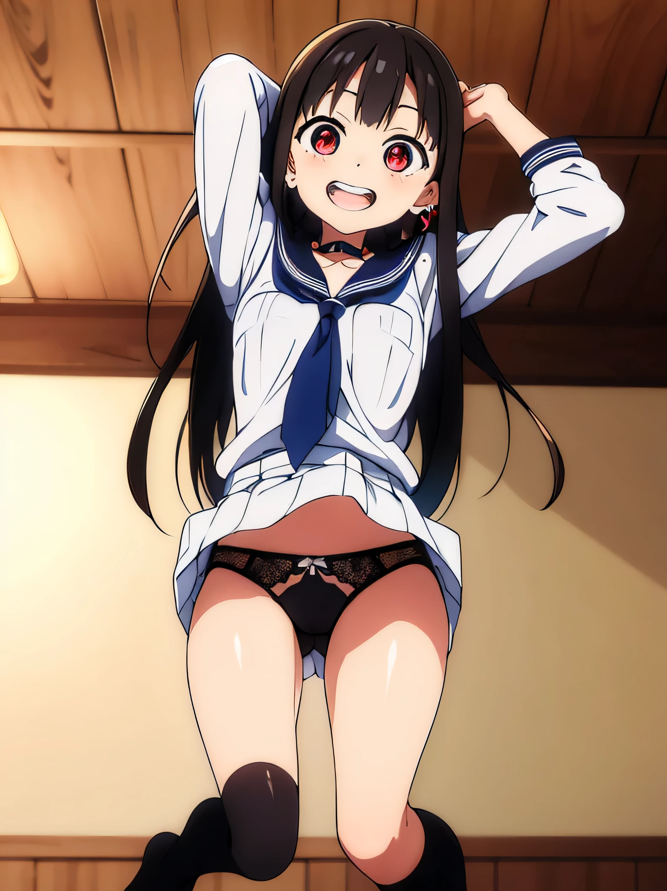 masterpiece, highest quality, High resolution, Kitagawa Marine, 1 girl, blonde hair, long hair, colorful hair, red eyes, jewelry, earrings, earrings, school uniform, white shirt, Tied shirts, black choker, blue tie, plaid skirt, grin and laugh, smile, Are standing, cowboy shot, outdoor, 32K, 8K, (chest:1.2), arms above head, ((open your legs)), masterpiece, Gorgeous lace string underwear in dark blue、((T-back panties that dig into the crotch))、japanese idol, wide waist, ((open your legs)), (Sloppily open your mouth), (open both eyes wide), Sweaty and shiny skin, brown hair, ponytail、look at the audience , Full body Esbian、perfect body、Luxury hotel lounge、