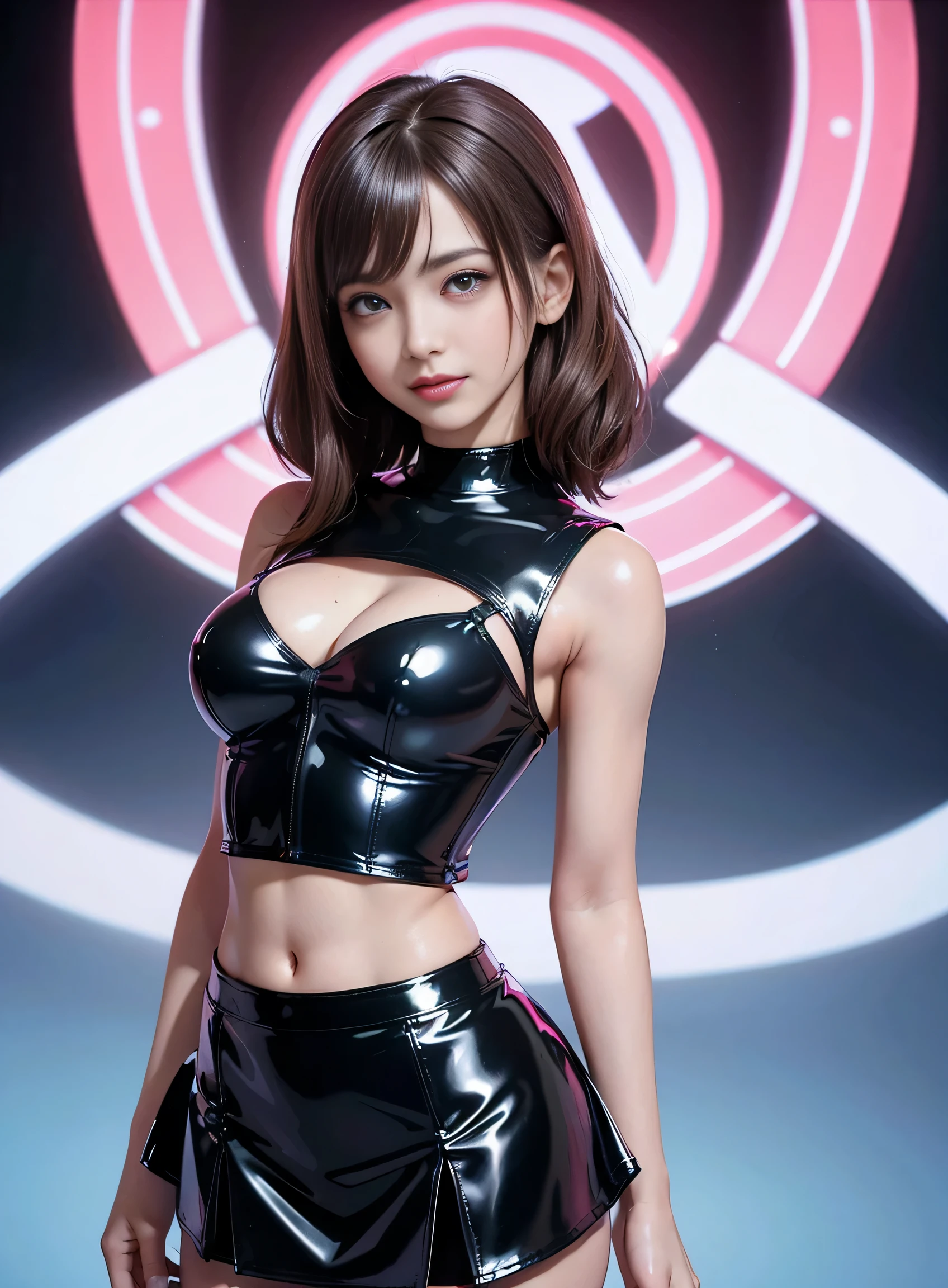 sfw, Angelic very beautiful cute young girl, Beautiful detailed eyes, Detailed double eyelids, (Soft Saturation: 1.3), (Fair skin: 1.3), (Large eyes:1.4), Long straight brown hair, see-through bangs, Sharp Focus, beautiful detailed face and eyes, drooping eyes, small nose, small mouth, happy smiling with visible teeth, 85mm lens, F/8.0,BREAK (Upper body latex bustier only :1.4),(Super shiny fluorescent pink sexy bustier :1.4),Walking, (Best Quality:1.5),BREAK (Ultra Gross Latex mini skirt :1.5),(blue skirt :1.3),(shiny beautiful pantyhose:1.2), Raw photo, Beautiful legs,(Brown hair:1.2) , High resolution, perfect detail, Professional Photography, Professional Lighting, Powerful lighting of the costume,In the street, wearing bra,((skinny waist)), young asian girl, ((big breasted)),