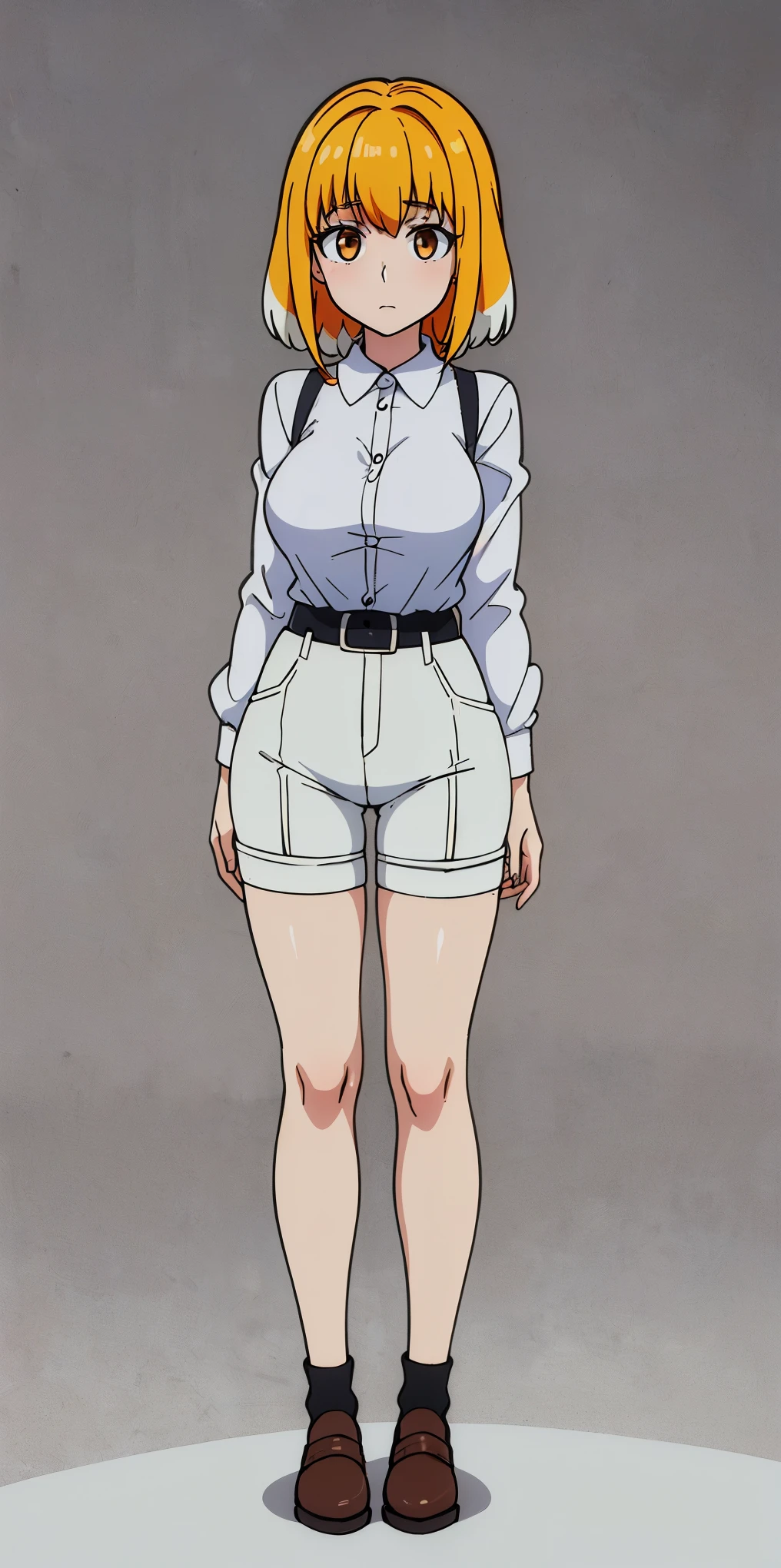 ((masterpiece、top-quality)), 1girl in, ((full body Esbian standing picture)), cute young woman, colored hair, white shirt, shortpants, black garter belt (white background)