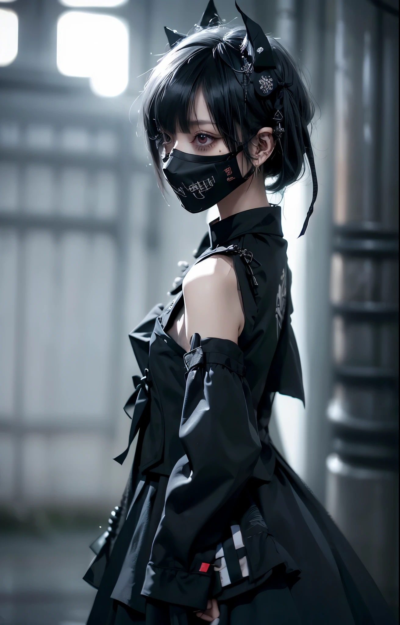 4k,8k,extreme quality, 1girl, solo, skinny, slender body, ((wear black_mask)),army_hanfu_suit, (ninja), gothic ****ta fashion, navel open, shoulders open, short_hair, upper_body, blurry_urban_background, from side,