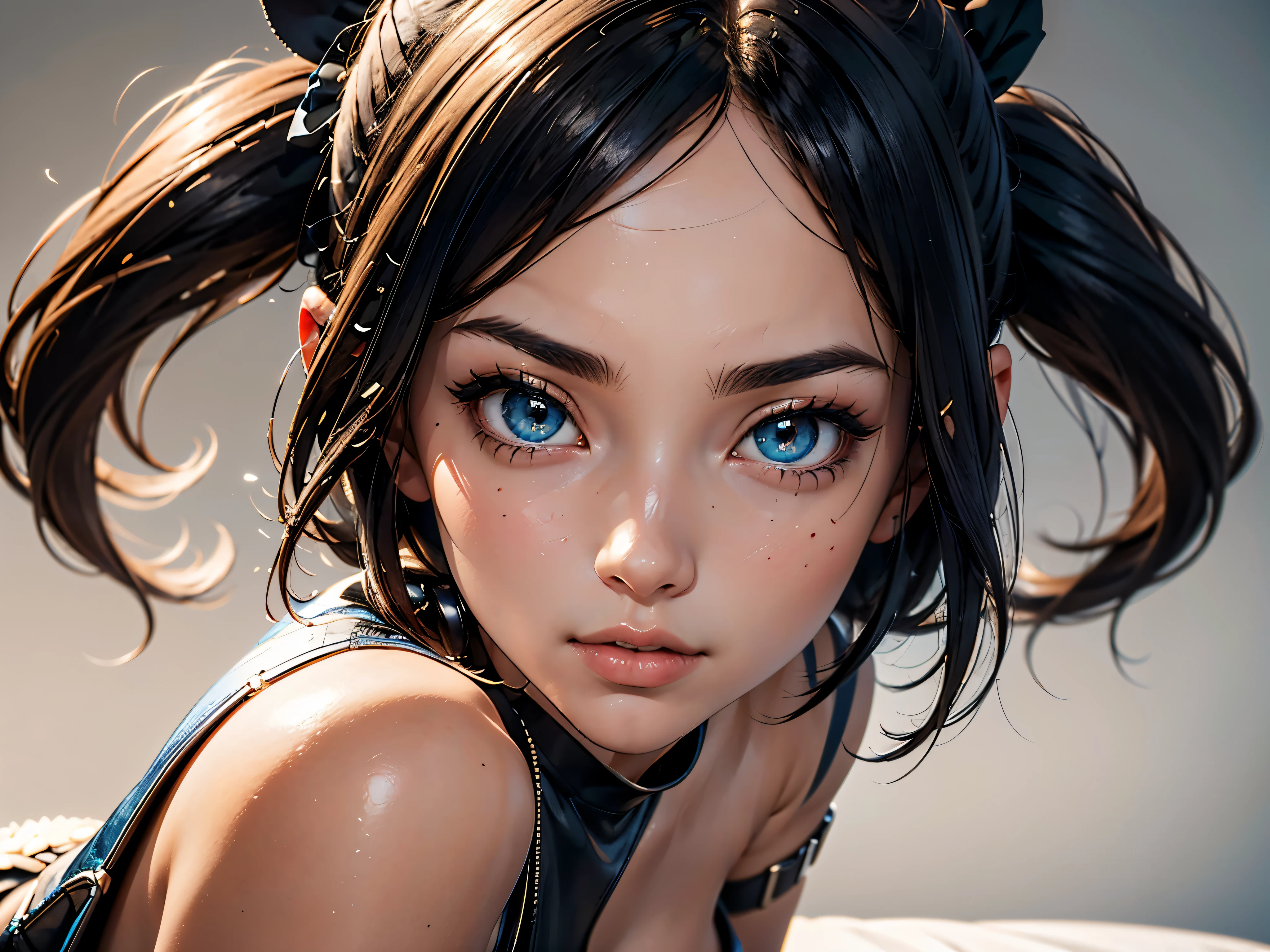 Generate 3D blue almond shaped anime-style eyes of a 26 years old woman, perfect studio lighting to enhace details of eyes, ((front shot looking directly to camera, sharp focus on eyes)), ensure that the output is of high quality with a white background. Make a macro shot where I can see an extremely close and detailed zoom of the eyes, 8K, best quality, more details, ultra high definition.