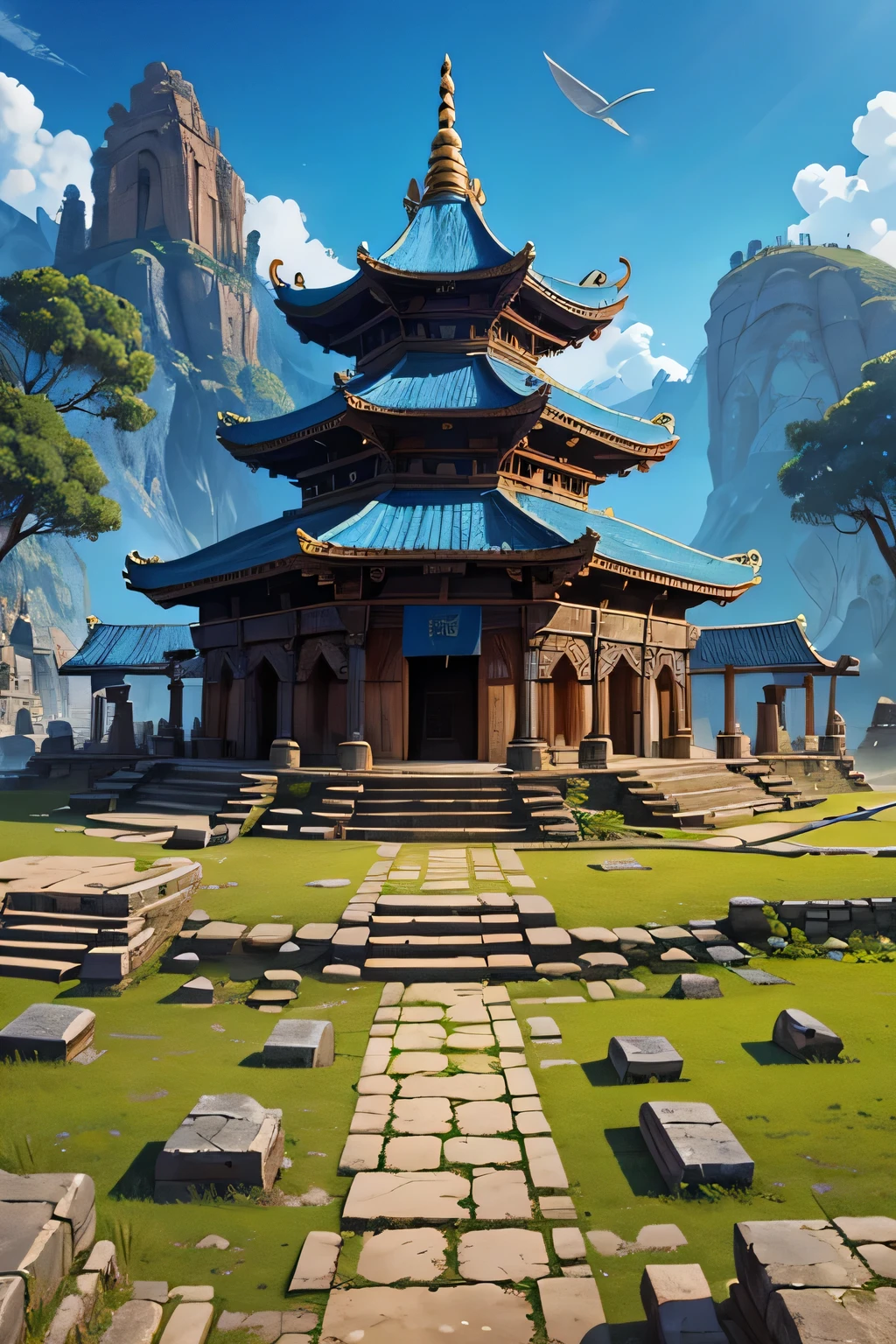 Ancient civilization, primitive tools, blue buildings ,bottom view , fantasy, temple, realstic