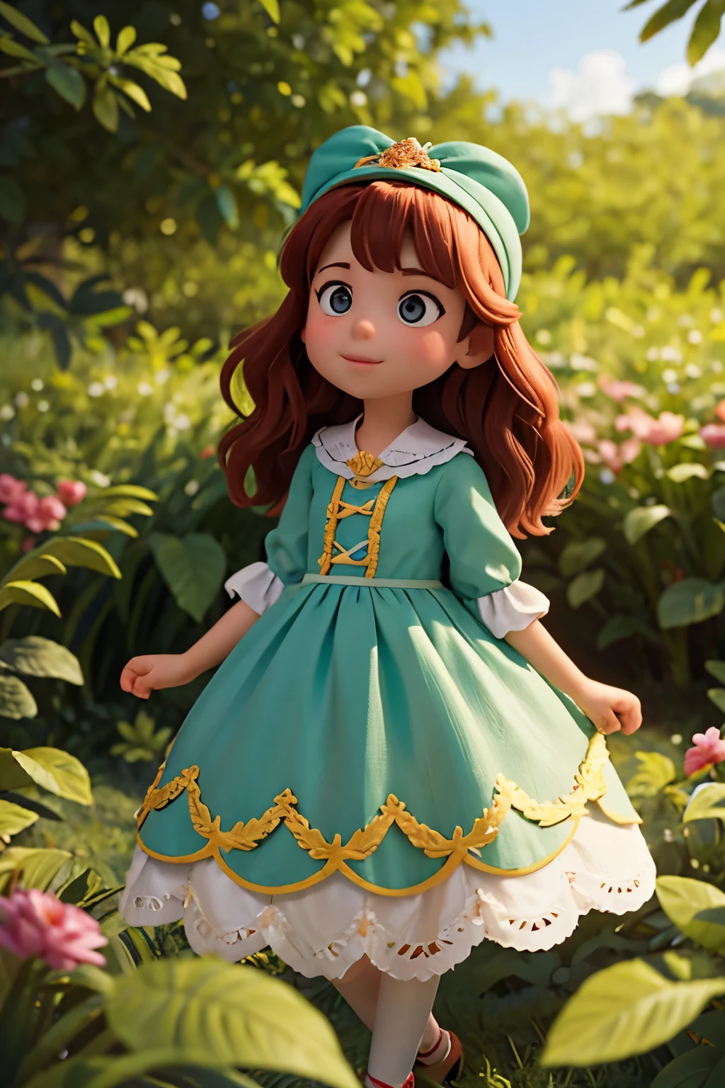 menia estilo desenho de historias infantis, com oito anos de idade, ruiva, com sardas, alegre, utilizando vestido colorido, acompanhada por um lobo em um cenario de um longo caminho em uma floresta encantada onde a vai estar de costas indo em direcao a floresta.