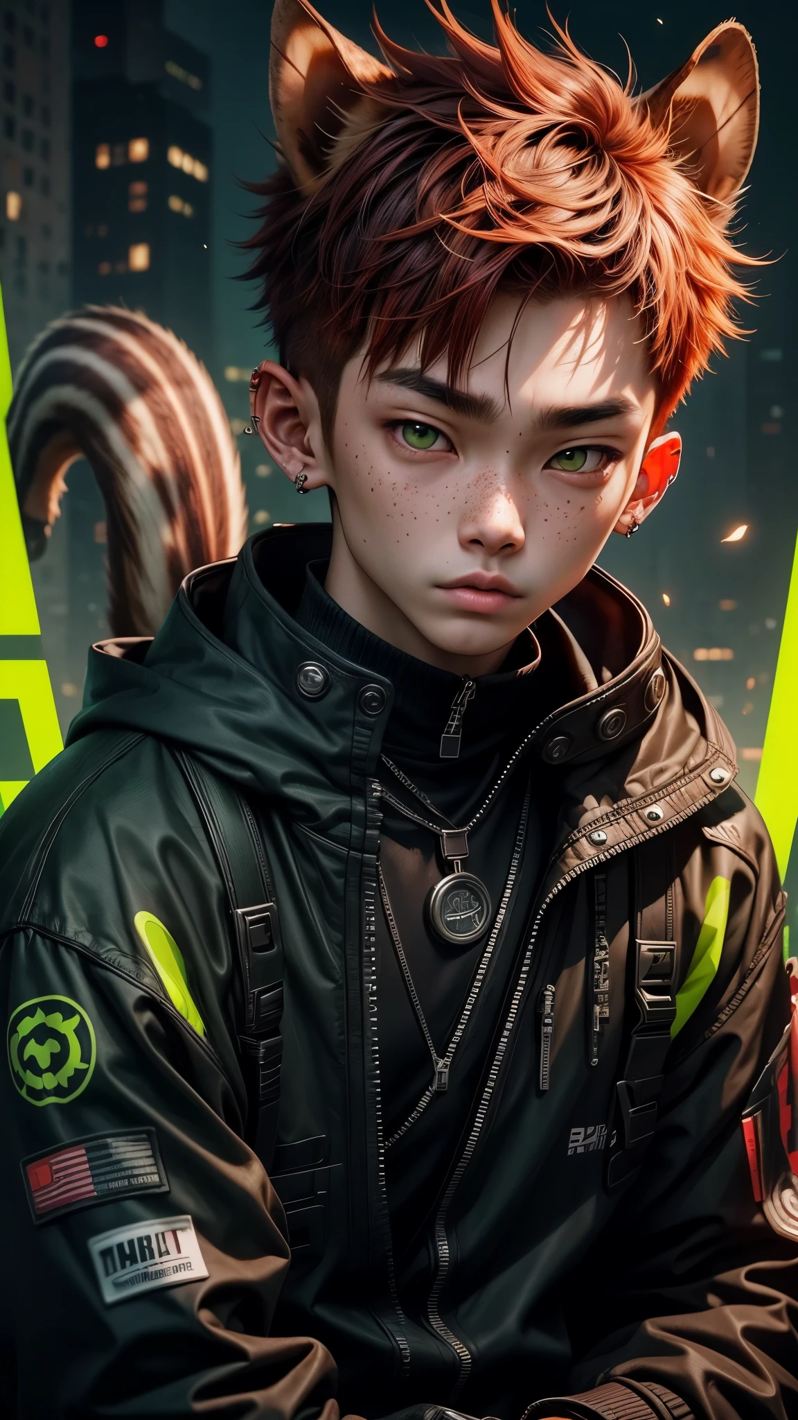 (18 years old)), male asian boy, detailed facial features, green eyes, lots of freckles, ginger hair, neck tattoo, ((squirrel ears)), squirrel tail, cyberpunk environment, dark colored clothes