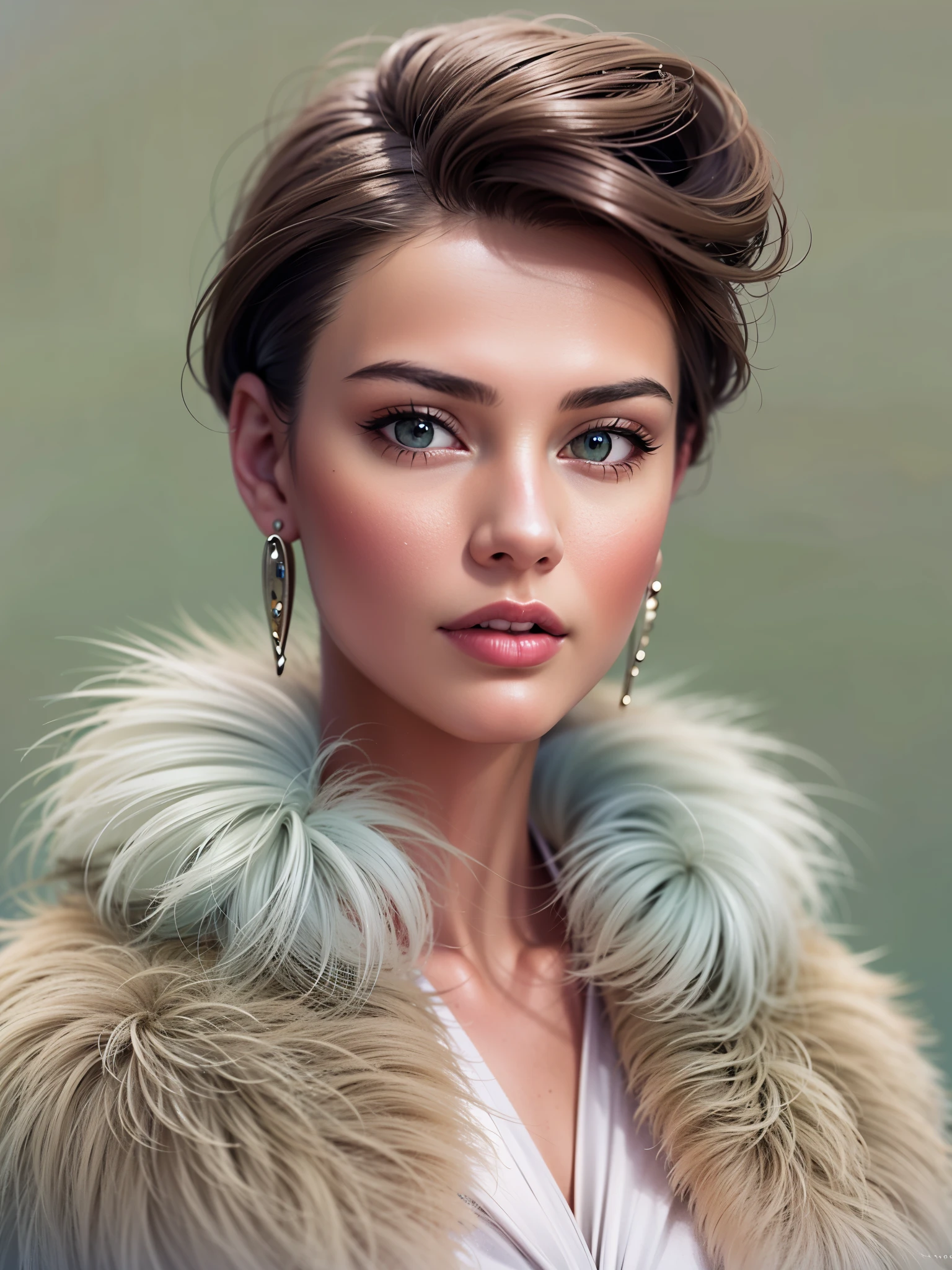 dynamic angle, wide shot of a woman wearing a Light Green hat and earrings, (Flight attendant),sleek dark fur, Light Green Fur, Russian style, very beautiful fur, fine fur, Dasha Taran, dark fur, Fur details, top hat, Anastasia Ovchinnikova, Light Green hat, synthetic fur, Elena Belova, wearing a top hat, Julia Gorokhova,Beautiful maturation, ((slim, )), photographrealistic, photograph, masterpiece, realistic, realism, photographrealism, high contrast, photographrealistic digital art trending on Artstation 8k HD high definition be familiar with realistic, be familiar with, skin texture, hyper be familiar with, realistic skin texture, armature, highest quality, 超High resolution, (photographrealistic:1.4),, High resolution, be familiar with, close up shot, sharp focus, (1 girl, european girl, Featured models), realistic skin, (slimな体型), Platinum-colored side sweep shorthair, highly detailed hair, delicate face, glossy lips,