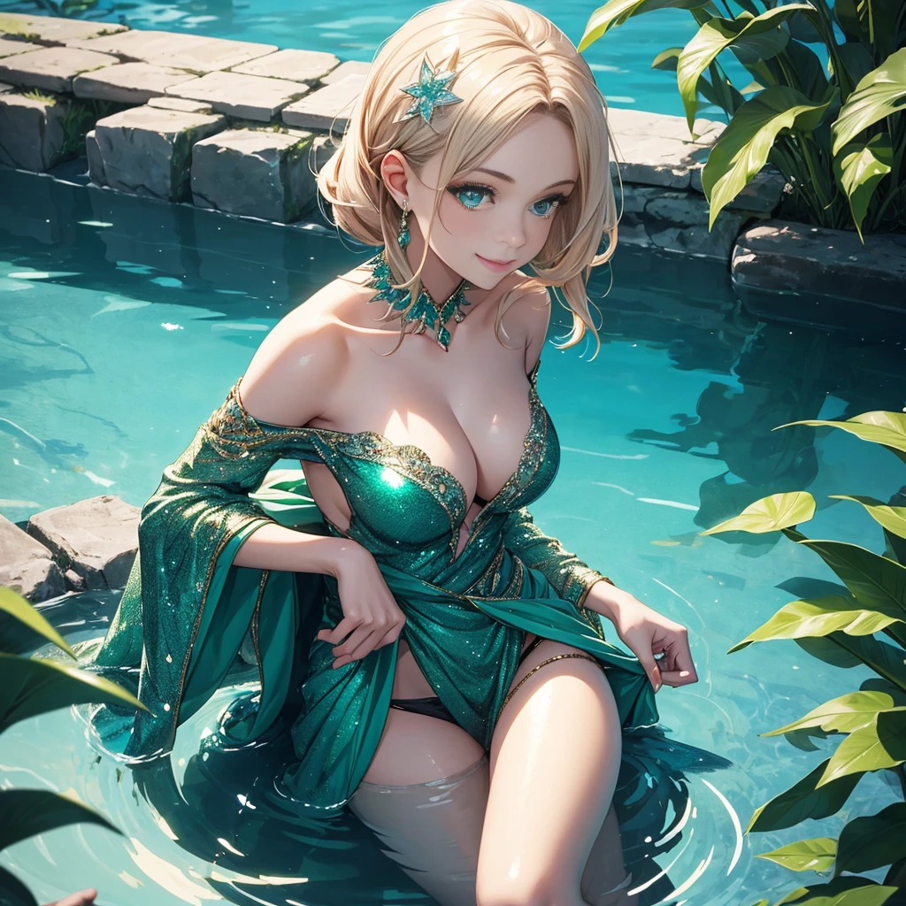 A beautiful woman, her shimmering reflection in the undulating surface of an emerald lake, captured in realistic, detailed portraits, the gentle curve of her smile reflected in the water, she said, her eyes sparkling like diamonds.