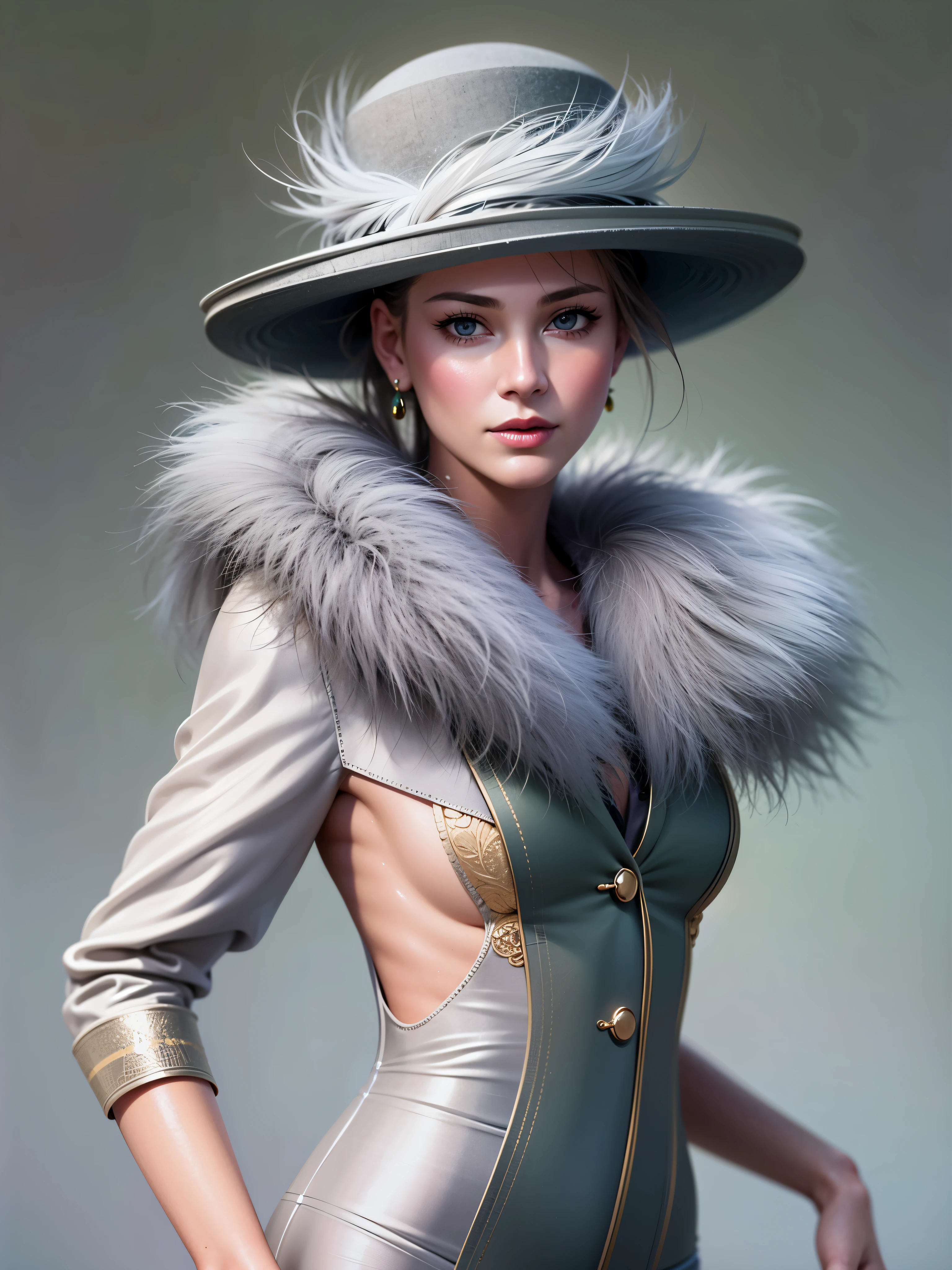 dynamic angle, wide shot of a woman wearing a Light green hat and earrings, (flight attendant),sleek dark fur, light green fur, Russian style, very beautiful fur, fine fur, Dasha Taran, dark fur, Fur details, top hat, Anastasia Ovchinnikova, Light green hat, synthetic fur, Elena Belova, wearing a top hat, Julia Gorokhova,Beautiful aging, ((slim, )), photographrealistic, photograph, masterpiece, realistic, realism, photographrealism, high contrast, photographrealistic digital art trending on Artstation 8k HD high definition become familiar with realistic, become familiar with, skin texture, hyper become familiar with, realistic skin texture, armature, highest quality, 超High resolution, (photographrealistic:1.4),, High resolution, become familiar with, close up shot, sharp focus, (1 girl, european girl, Featured models), realistic skin, (slimな体型), Platinum-colored side sweep shorthair, highly detailed hair, delicate face, glossy lips,