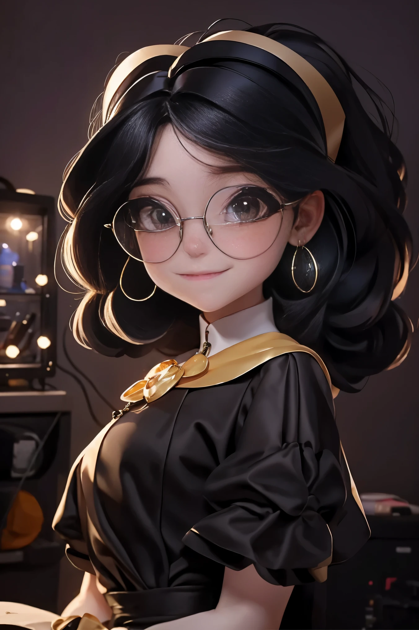 Create an 18K version of the science laboratory Linda researcher Negra (FOFA), cabelo preso, cabelo solto, modern accessories , luxury and golden glasses , olhos grande e negros detalhados, sorriso detalhado, corpo perfeito, her dress is similar to Marie Curie's Detailed details, Holograph, Jolie science lab : Deve estar vestido com um jaleco p ficar charmoso e bonito mostrar toda a sua altura , of the original character. science laboratory should have a round face with large dimensions, olhos claros, long eyelashes and rosy cheeks. Seu cabelo deve ser longo e tons preto de cor escuro. bonito: Vestir chibi em um jaleco JANAINA bonito e fofo em tons de PINK
