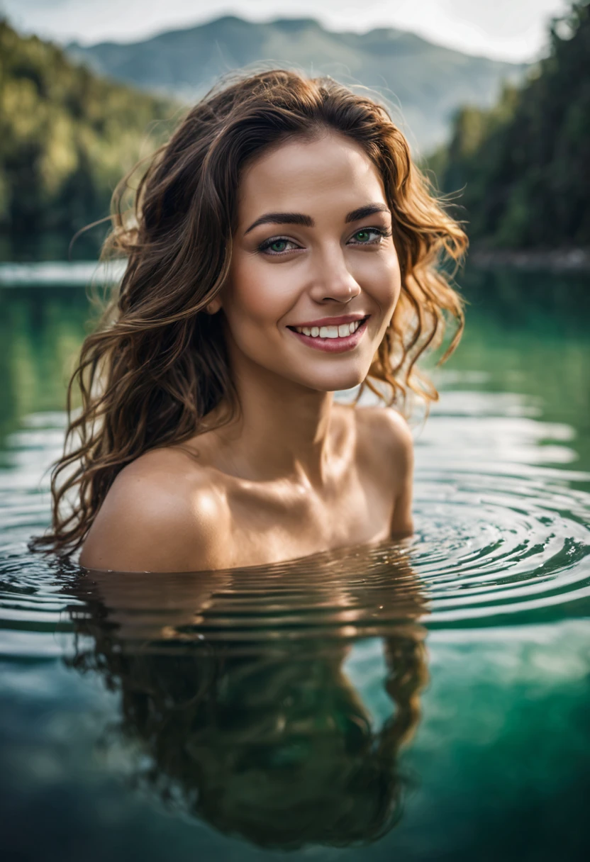 A beautiful woman, her shimmering reflection in the undulating surface of an emerald lake, captured in realistic, detailed portraits, the gentle curve of her smile reflected in the water, she said, her eyes sparkling like diamonds.