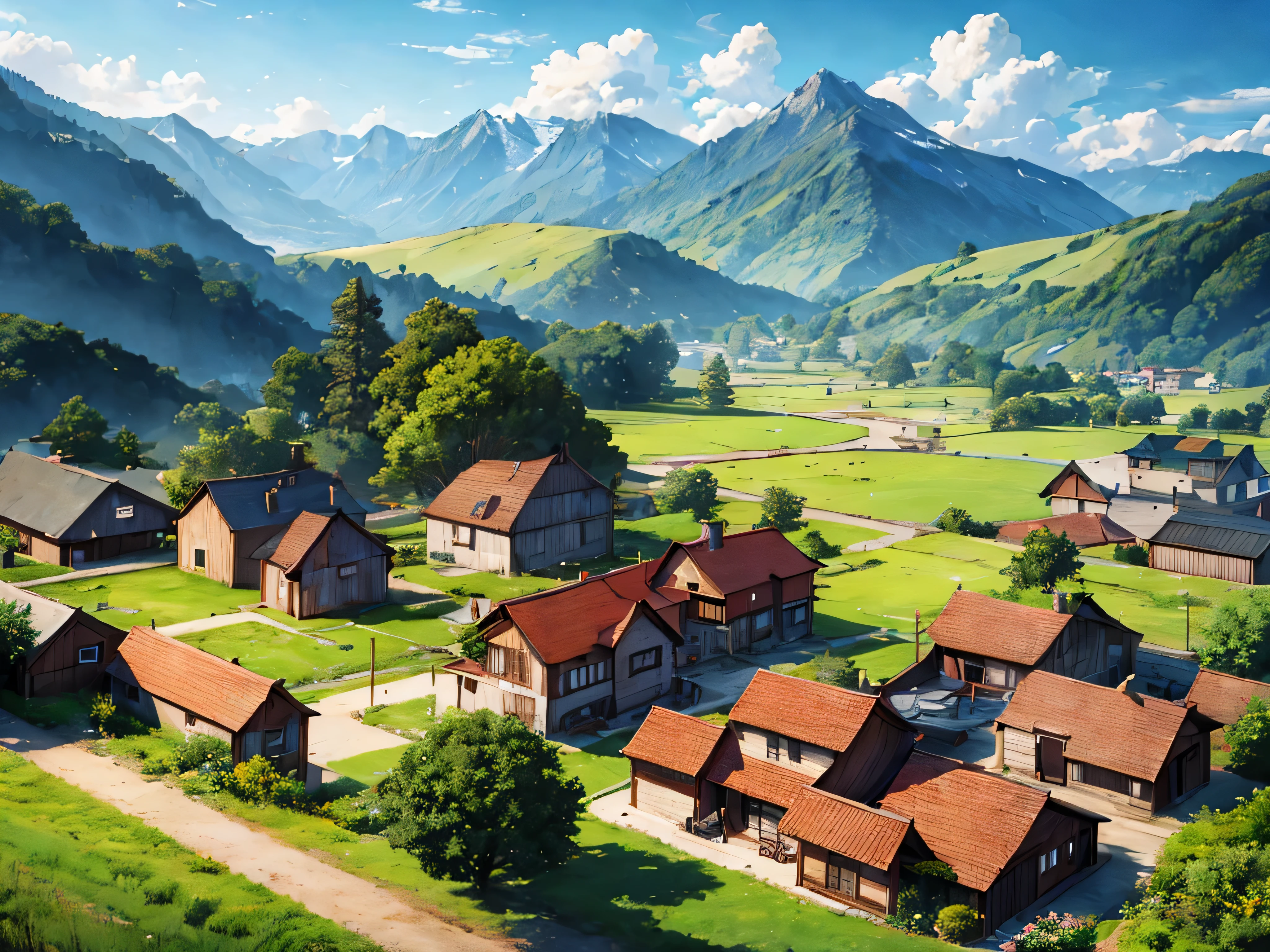 anime, masterpiece, best quality, by professional artist, vibrant colors, small village, medieval architecture, lumber mill, red roofs, grass, stone ground