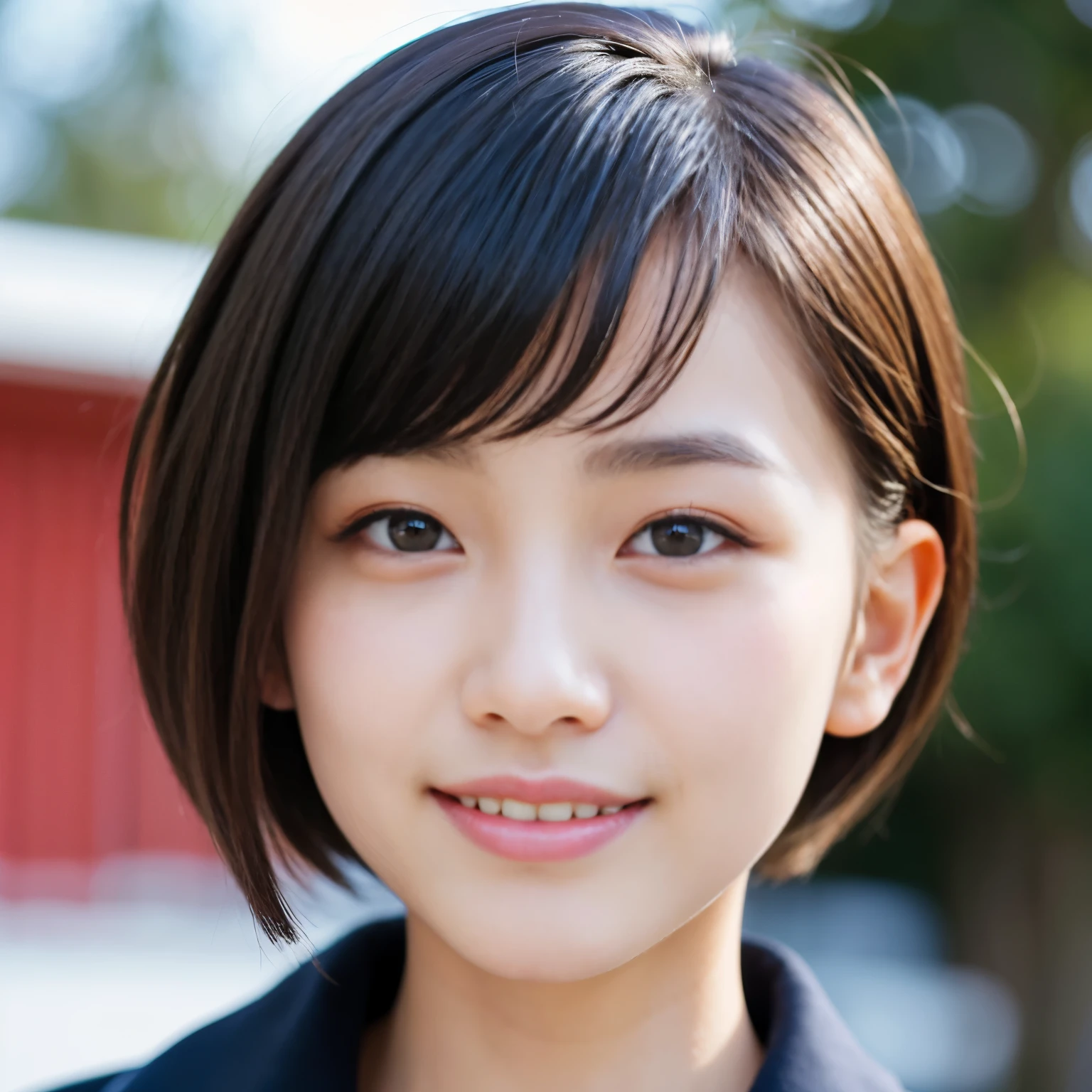 Best-quality, Masterpiece, Ultra-High-Resolution, (Photorealistic:1.4), Raw-Photo, 1girl, 15-years-old, the most popular Japanese idol, at Japanese-high-school, face-focus, innocent-smile, (wearing only Japanese winter high-school uniform), extremely beautiful skins, extremely beautiful big-black-eyes, extremely cute face like the most famous Japanese idol, extremely beautiful black-short-cut-haired, extremely beautiful long-eyelashes, extremely beautiful lips, detailed Japanese-winter-high-school-uniform