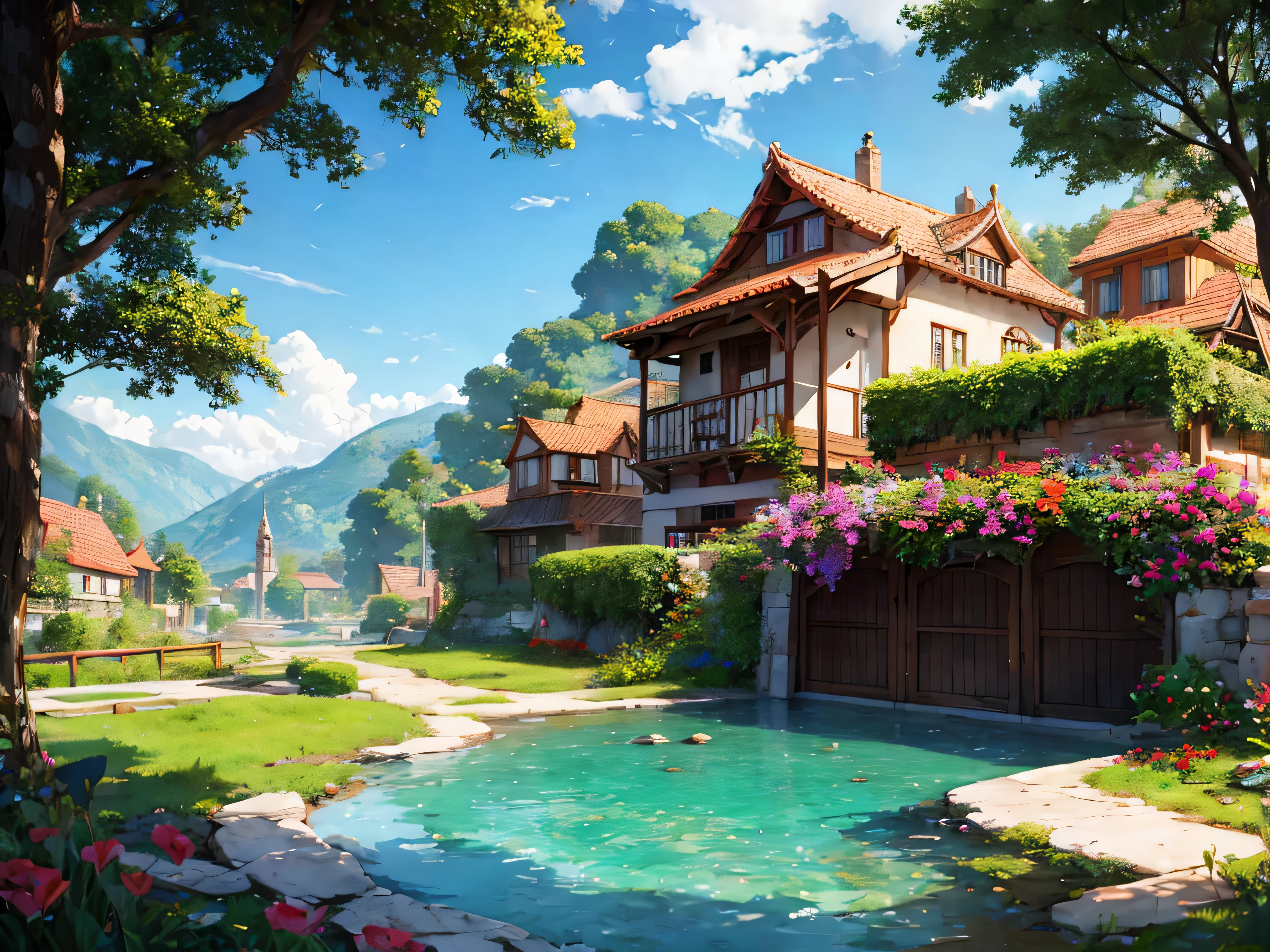 anime, masterpiece, best quality, by professional artist, vibrant colors, small village, medieval architecture, lumber mill, red roofs, grass, stone ground