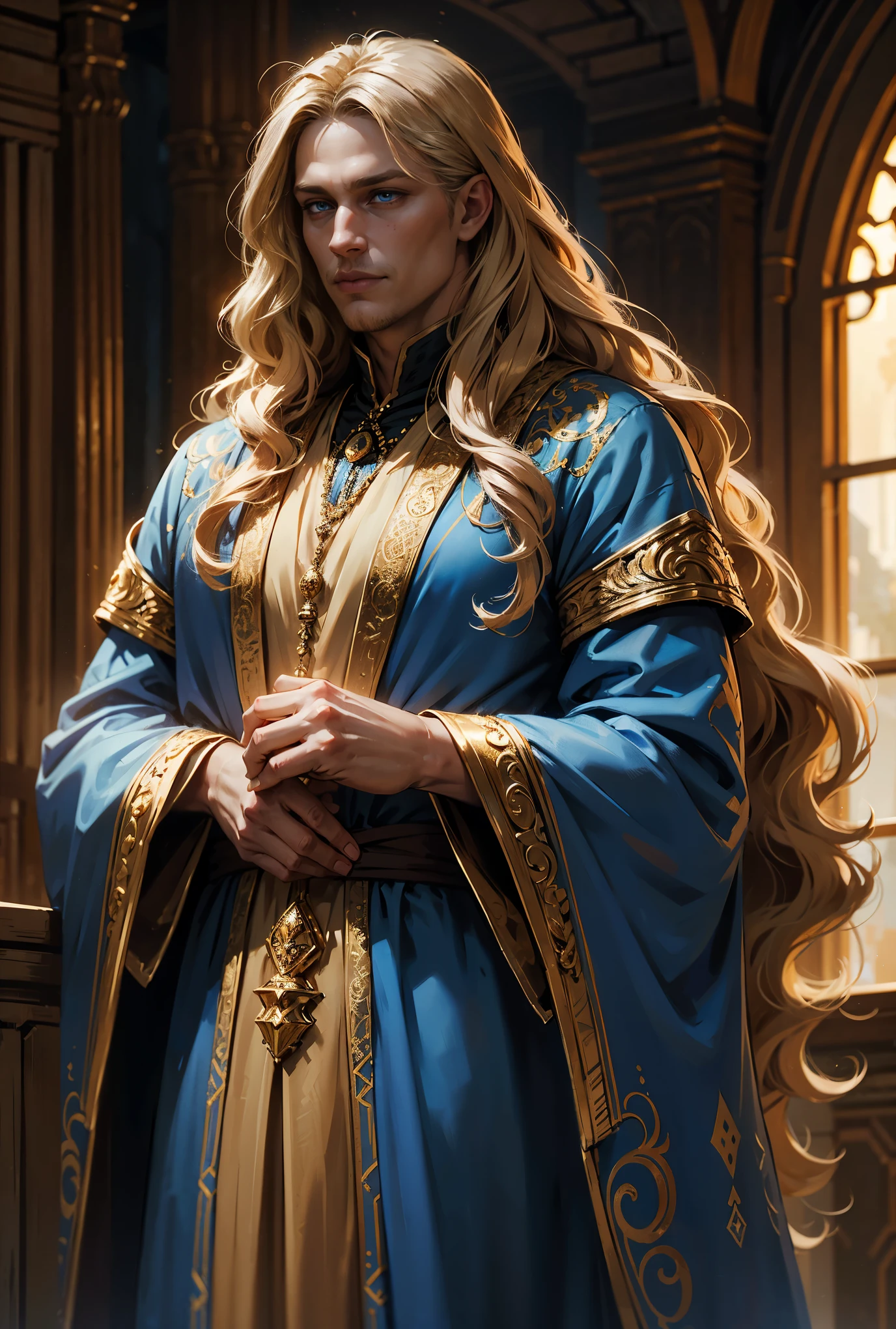 fantasy, Slavic setting, prince, man, golden wavy hair slightly long, blue eyes, in an expensive fur caftan sample of the 14th century, strong build, perky look, face looks like Charlie Hunnam, hd