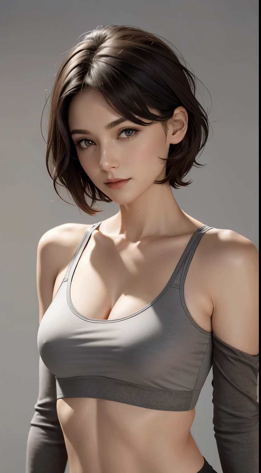 Looking at Viewer, cinematic lighting, Perfect fit, soft light, High resolution skin:1.2, realistic skin texture, body tired from sports、30 years old mature woman、small face、no makeup、Makeup is light、short cut hair、dark brown hair、Bust B Cup、small breasts same、 Revealed cleavage、off shoulder、sports bra、leggings、full nude、gray background