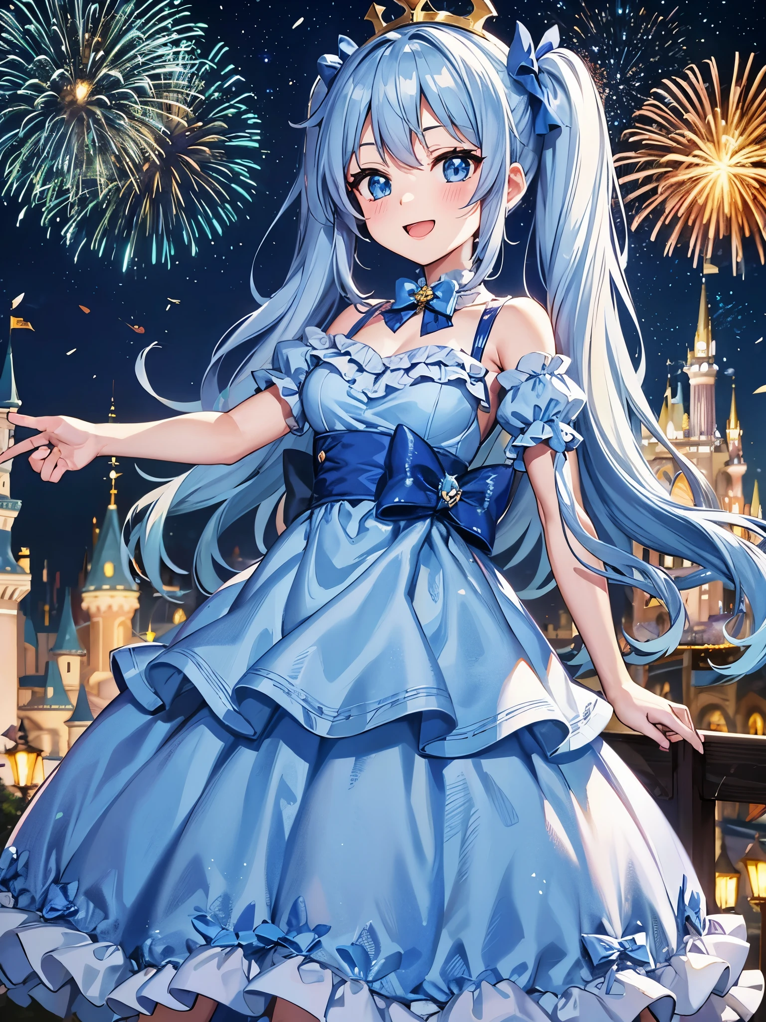 light blue long hair Beautiful girl with twin tails wonderful smile Starry Night Fireworks in the night sky Disneyland In front of the big Cinderella castle costume
