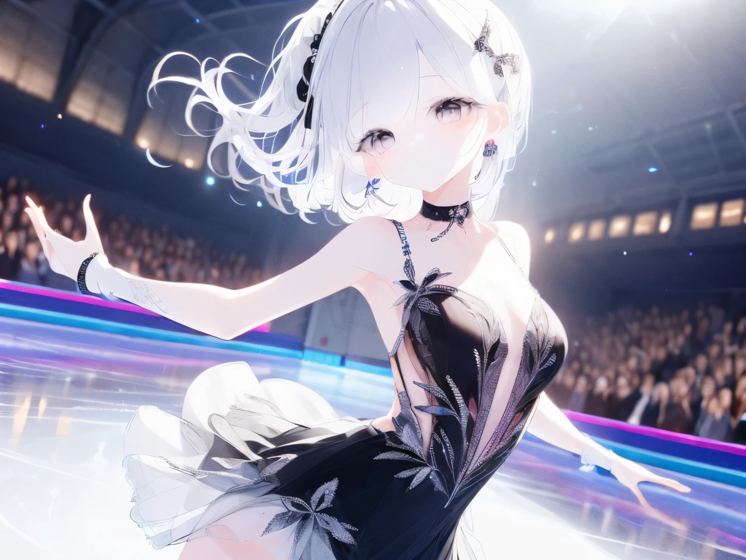 1 girl, with white hair, pink eyes, pale skin, good feminine attributes, with enviable curves and good hips, my beauty was of unmatched measurements, with a dress for an ice skating presentation, black and white, doing a beautiful interpretation with the pose he takes while skating