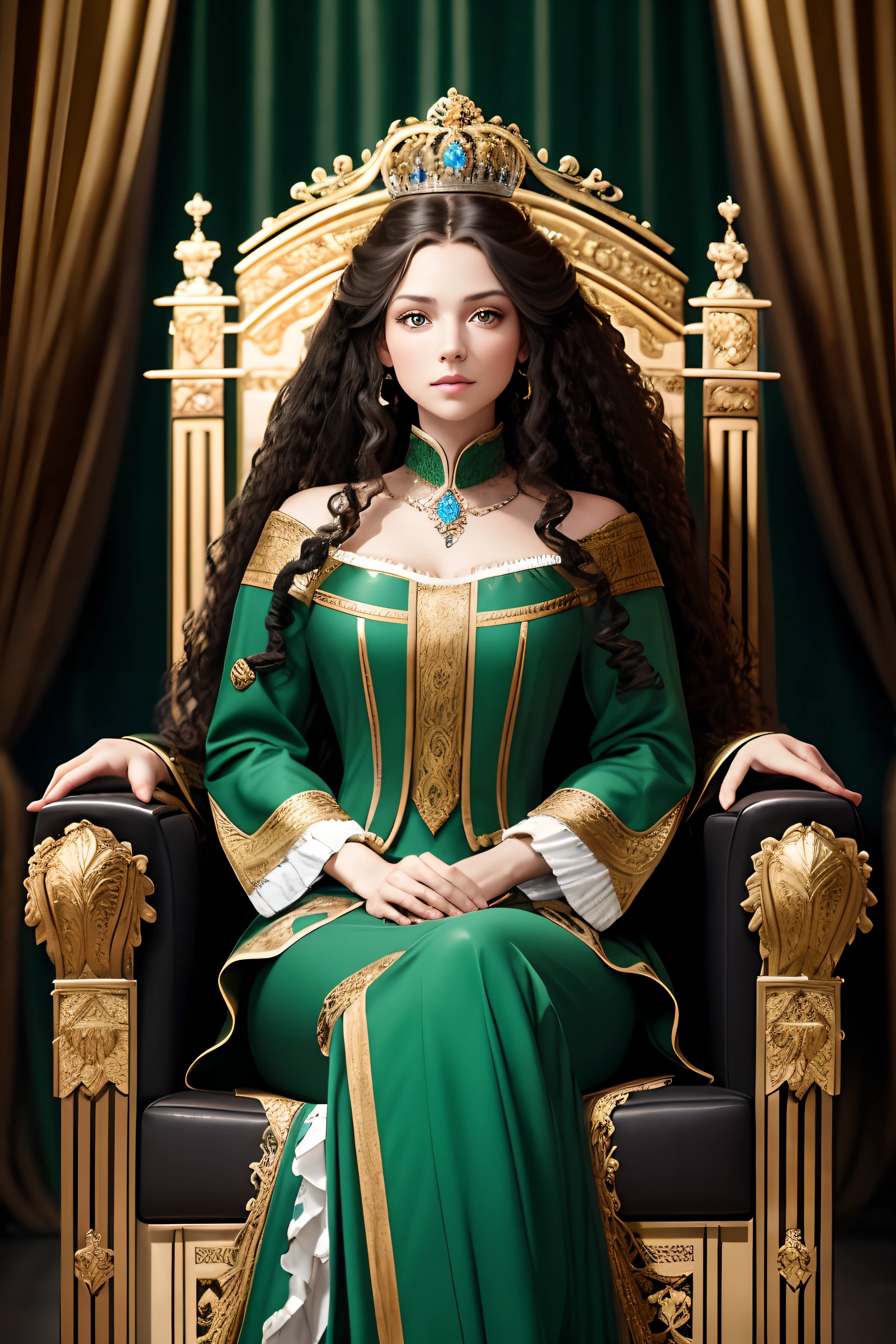 A woman, long curly blond hair, green eyes, in a royal dress, sits on a throne, in the center of a large hall in the style of 18th century Russia. A man, short black hair, gray eyes, stands behind the throne.