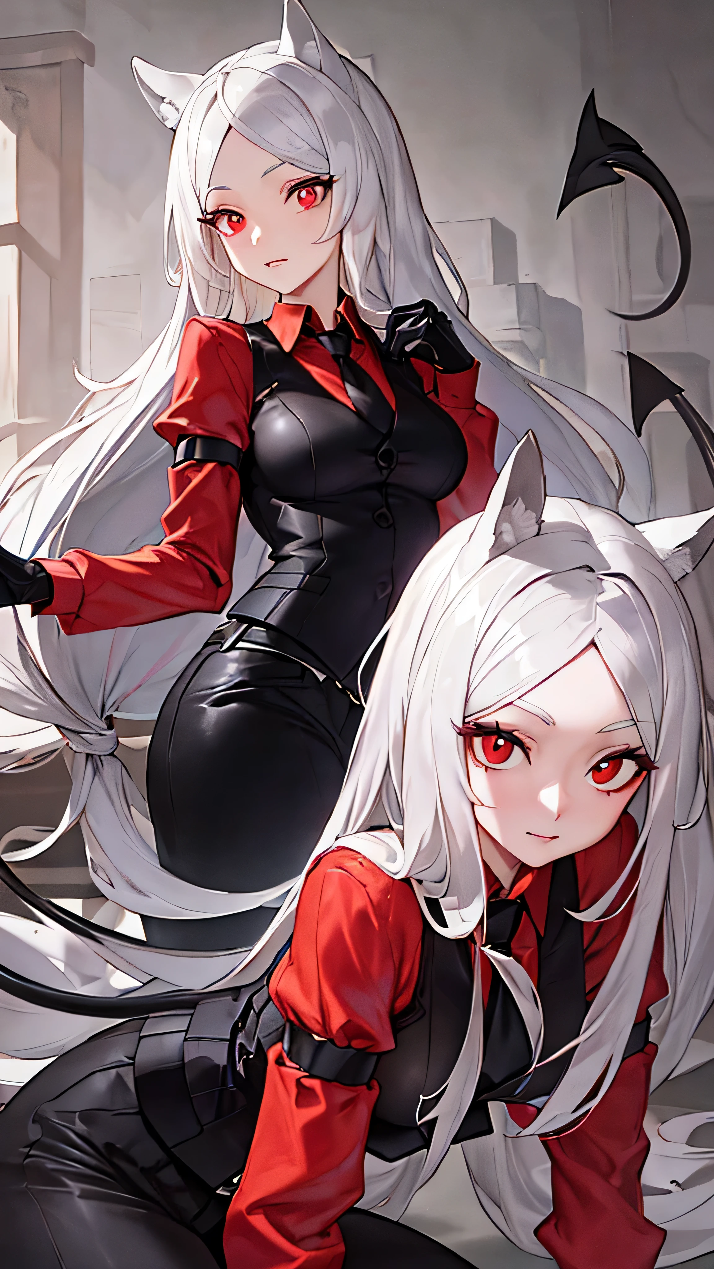 ((best quality)), ((highly detailed)), masterpiece, ((official art)), detailed face, beautiful face, (detailed eyes, deep eyes), cerberus \(helltaker\), 3girls, white hair, long hair, (red eyes), dog girl, demon tail, medium breasts, suit, red shirt, waistcoat, necktie,  pants, belt, gloves,
 penSketch_style, ink sketch