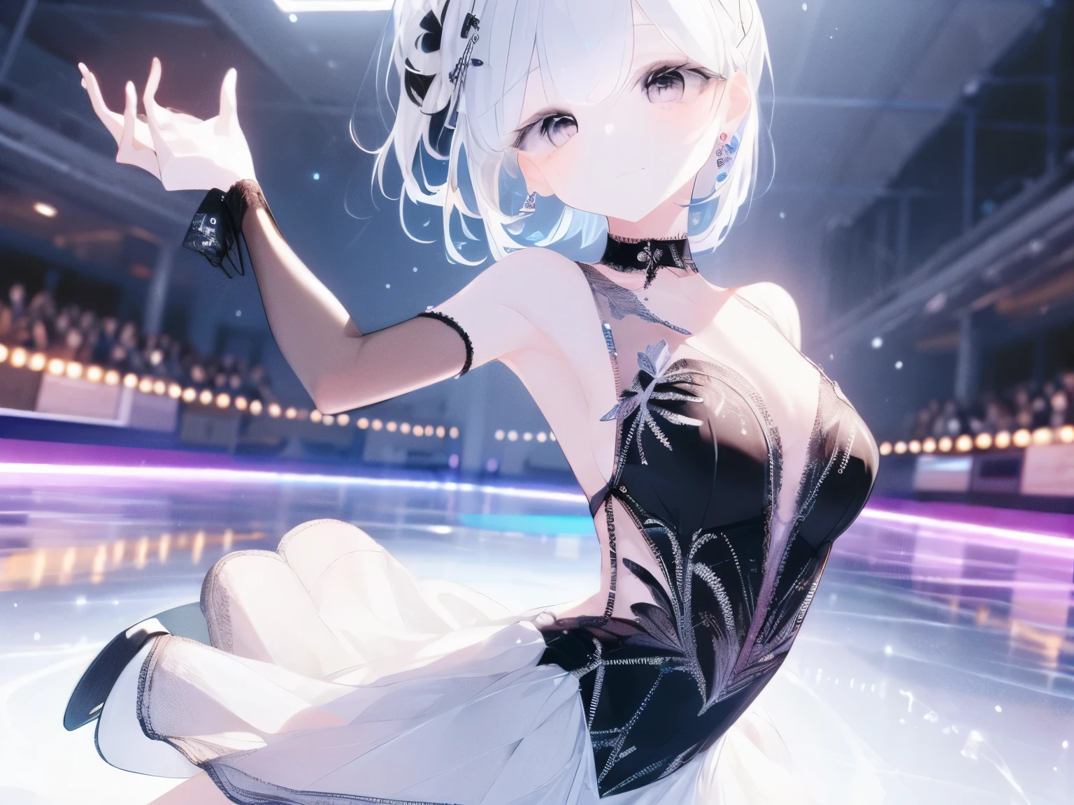 1 girl, with white hair, pink eyes, pale skin, good feminine attributes, with enviable curves and good hips, my beauty was of unmatched measurements, with a dress for an ice skating presentation, black and white, doing a beautiful interpretation with the pose he takes while skating