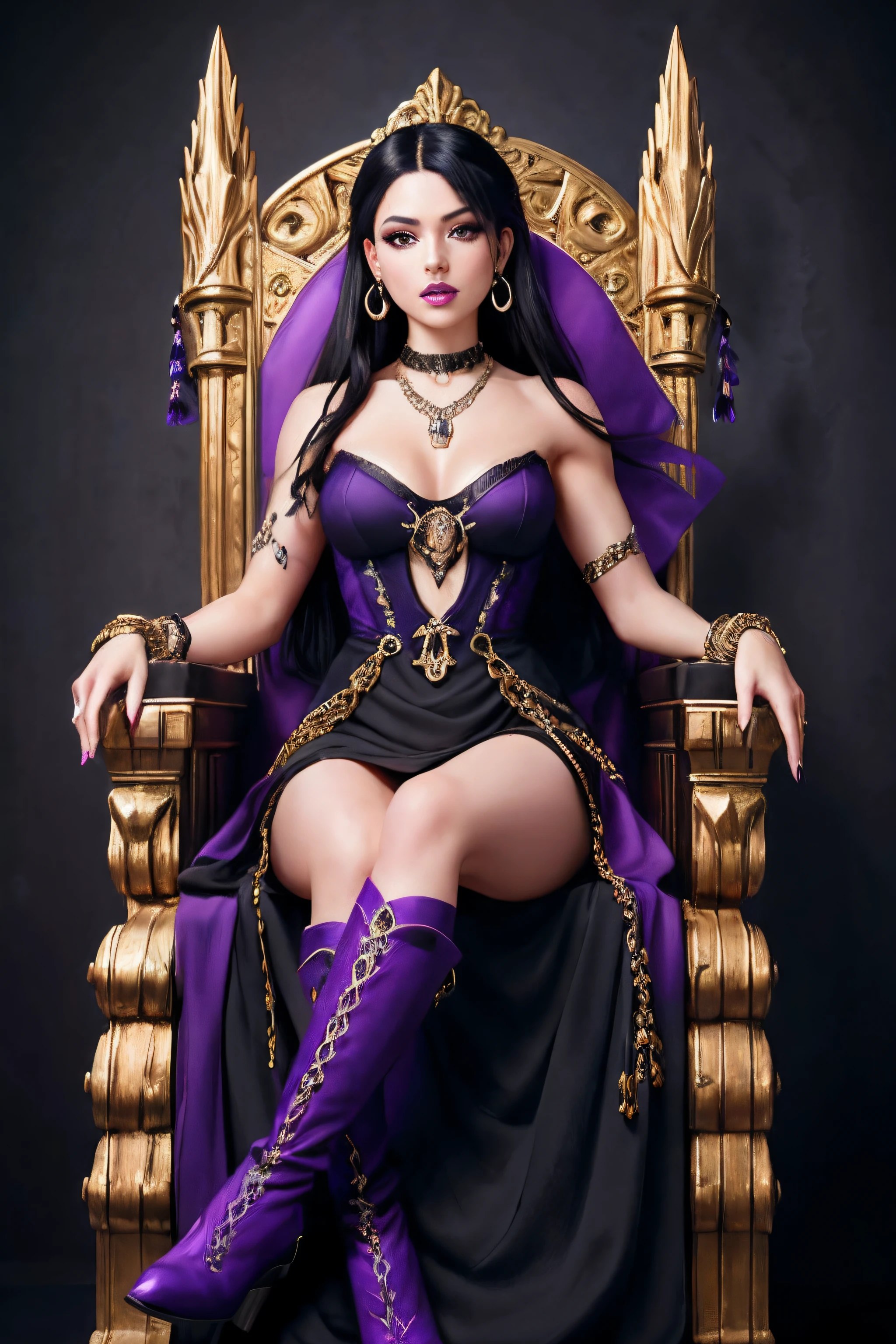 ( Masterpiece, 4k resolution, ultra-realistic, very detailed) a beautiful sexy evil woman with raven black hair, purple eyes, dark purple lips, golden hula hoop earings, a demonic skull necklece reveling dark blue dress with purple insides, sleeveless, with an opening on the chest and abdomen, dark blue boots, small chains accessories on her arms, black ring bracelets on her wrists (she is siting on a throne of skulls) full body in the style of realism, glistening skin, , natural lighting, Defined full lips. fitness feminine body. portrait photography by artgerm, in the style of realism, glistening skin, , natural lighting, Defined full lips. Muscular fitness feminine body,