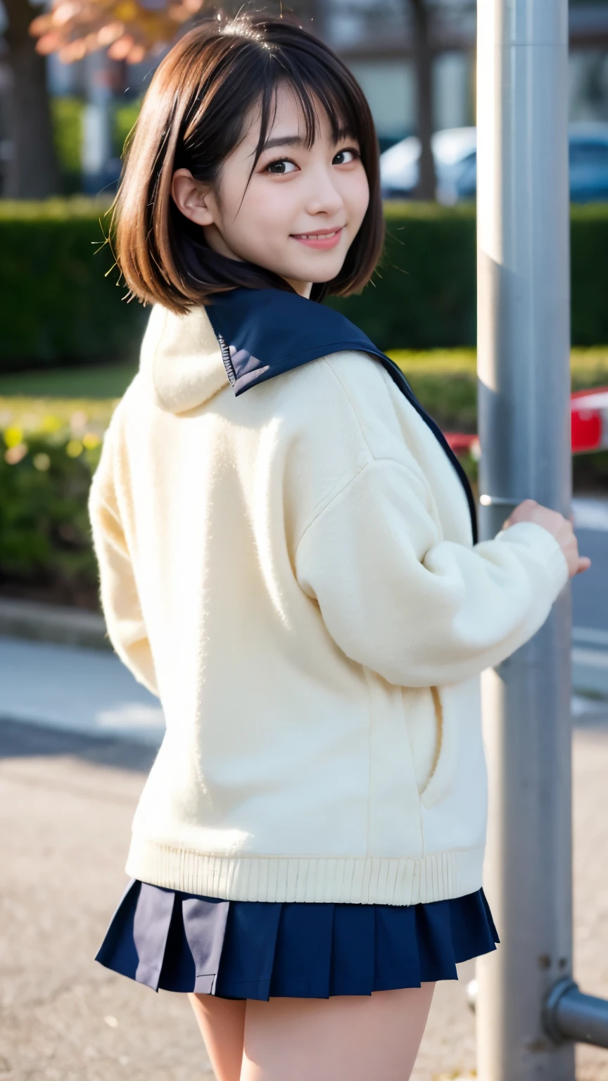 Best-quality, Masterpiece, Ultra-High-Resolution, (Photorealistic:1.4), Raw-Photo, 1girl, 15-years-old, the most popular Japanese idol, at Japanese-high-school, ((upturned ass)), dynamic-pose, innocent-smile, (wearing only Japanese winter high-school uniform), extremely beautiful thighs, extremely beautiful skins, extremely beautiful big-black-eyes, extremely cute face like the most famous Japanese idol, extremely beautiful black-short-cut-haired, extremely beautiful long-eyelashes, extremely beautiful lips, detailed Japanese-winter-high-school-uniform