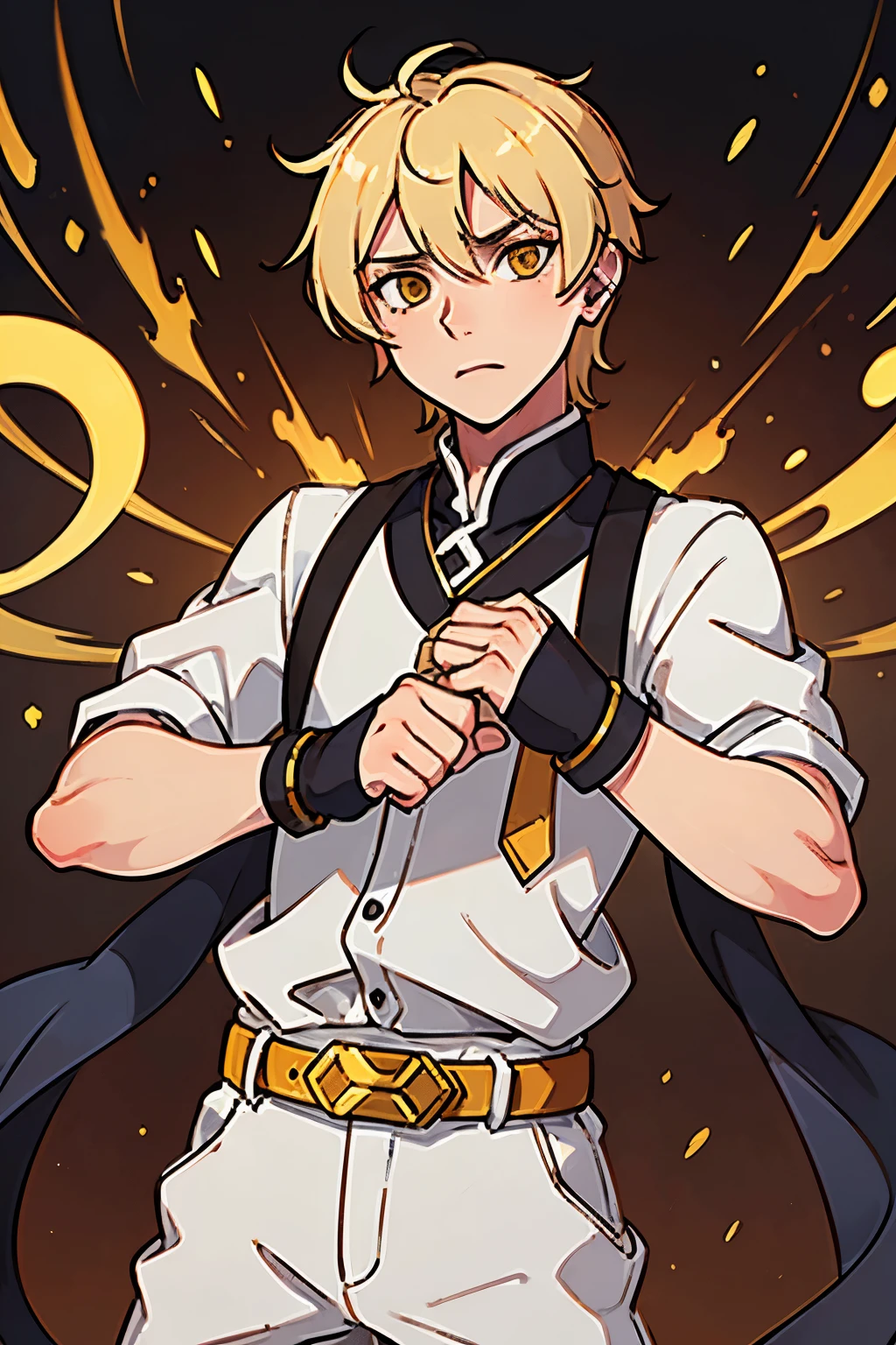 Jujutsu Sorcerer, Male, 18 years old, short blonde hair, yellow eyes, white school uniform, fate's gilgamesh style