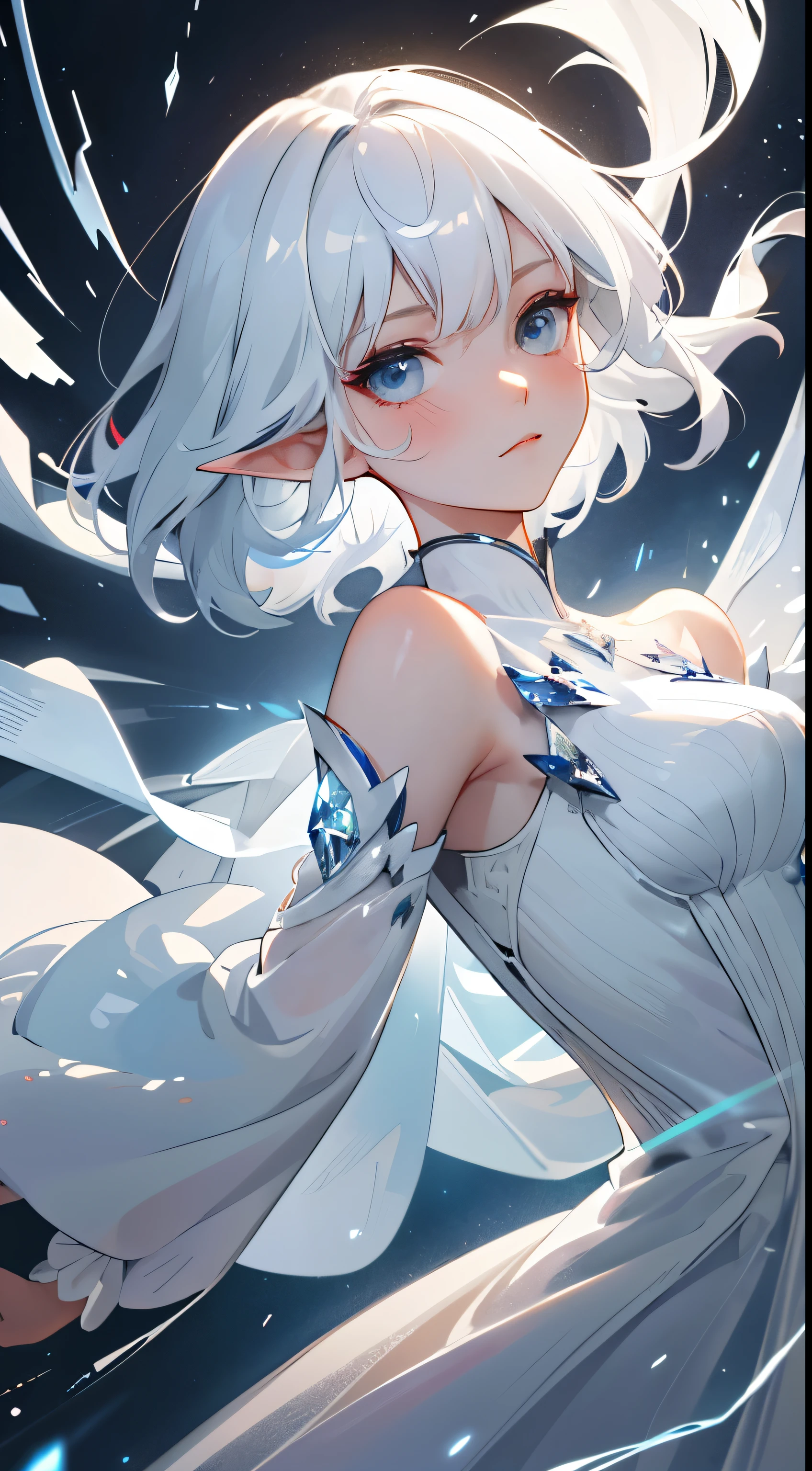(Masterpiece, Top Quality, Best, Official Art, Beautiful and Aesthetic, Long Exposure: 1.2), Smooth Movement, Charming Patterns, 1 Girl, (Long Dress with Sleeves: 1.3), (((White Clothes) )), upper body close-up, bare shoulders, Chinese girl, blush, black lob hair, portrait, solo, upper body, looking at the observer, detailed background, detailed face, (crystallineAI, crystalline theme:1.1), elemental wind elves, rotation Wind, control the wind, white crystal clothing, dynamic pose, floating particles, ethereal dynamics, whirlwind, vapor, whirlwind in the background, white tone, whirlwind, ethereal atmosphere,