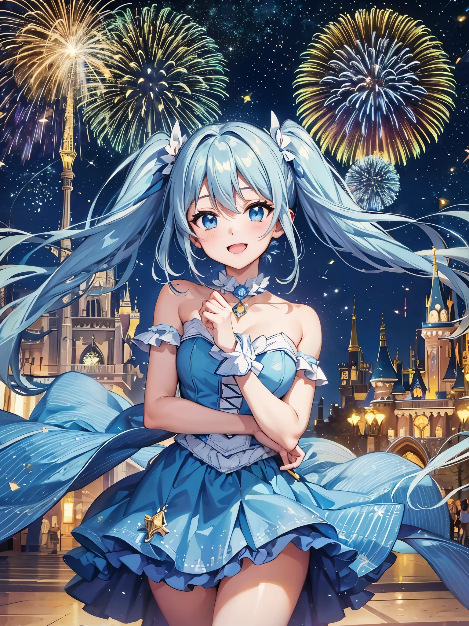 light blue long hair Beautiful girl with twin tails wonderful smile Starry Night Fireworks in the night sky Disneyland In front of the big Cinderella castle colorful costumes