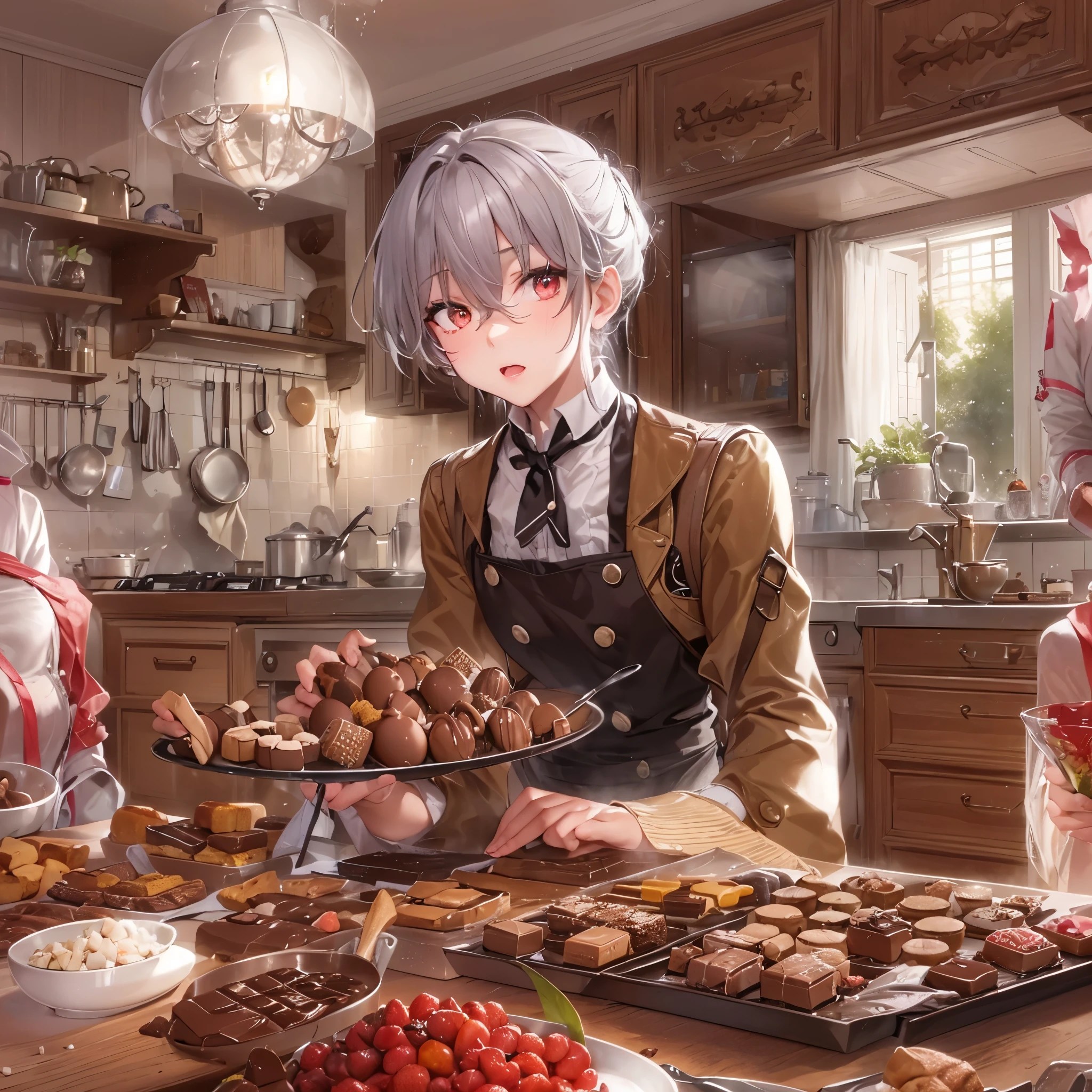 ((chocolate sweets cooking)), in the kicking, ((Arrange beautiful chocolates)) (a silver short hair girly boy, 15 yo, detailed red eyes, in a butler uniform, apron), beauty chocolate sweets on the table, break, perfect anatomy, masterpiece:1.2, best quality, 8k, beautiful detailed grow, daydreaming expression.
