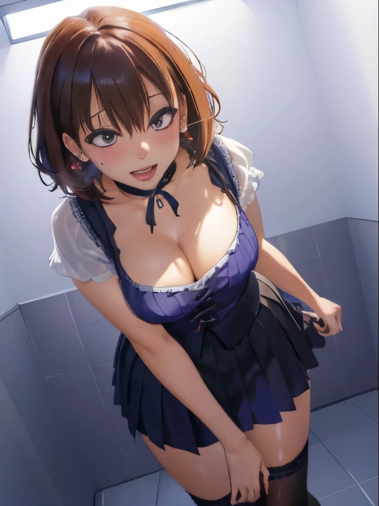 (8K, ultra high resolution, 朝美麗公式アートA masterpiece of the highest quality, professional detailed wallpaper, Ultimate Highly Detailed Everything, anime images, game cg),perfect human body、detailed face、detailed eyes), 1girl,dark skin,short hair,white shirt,cleavage,blonde hair,smirk,choker,pleated skirt,thighhighs、background bedroom , detailed background、detailed person、background bokeh、shadow、dark toilet、dark、lights out、shadow、Stains on the walls、Dark and dirty private toilet、dirty toilet、public toilet、official art、full CG、high quality、high resolution、8k, high vision、detailed、clear、live-action、(dripping sweat、oil skin,sparkling skin、realistic skin texture、detailed beautiful skin、shiny skin、shiny skin), (立っている:1.5、ahegao:1.8, メスガキスマイル:1.8, 壁ドン:1.8)