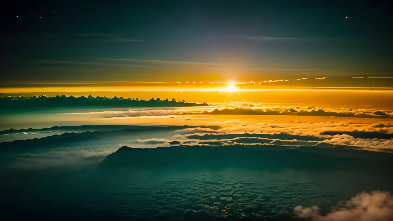 in dominate dark green colour, mesosphere, horizon, a view of the sun setting over the horizon dawn atmosphere, space photography, space atmosphere, radiant atmosphere, atmosphere, sunrise atmospheric phenomena, sunset atmosphere, lynchian atmosphere, omnious atmosphere, nat geo, noctilucent, orange and blue sky, colous brillance, hdr, purple, dark blue, orange, chromatic aberration, 4k, retina