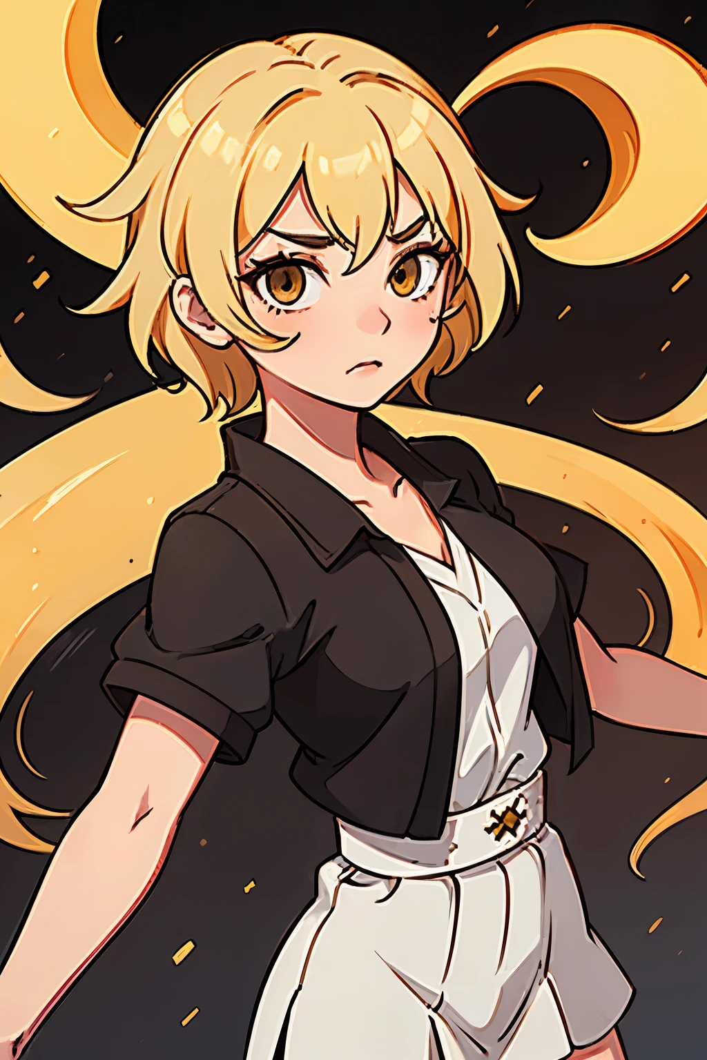 Jujutsu Sorcerer, Female, 18 years old, black eyes, blonde short hair, yellow eyes, white school uniform