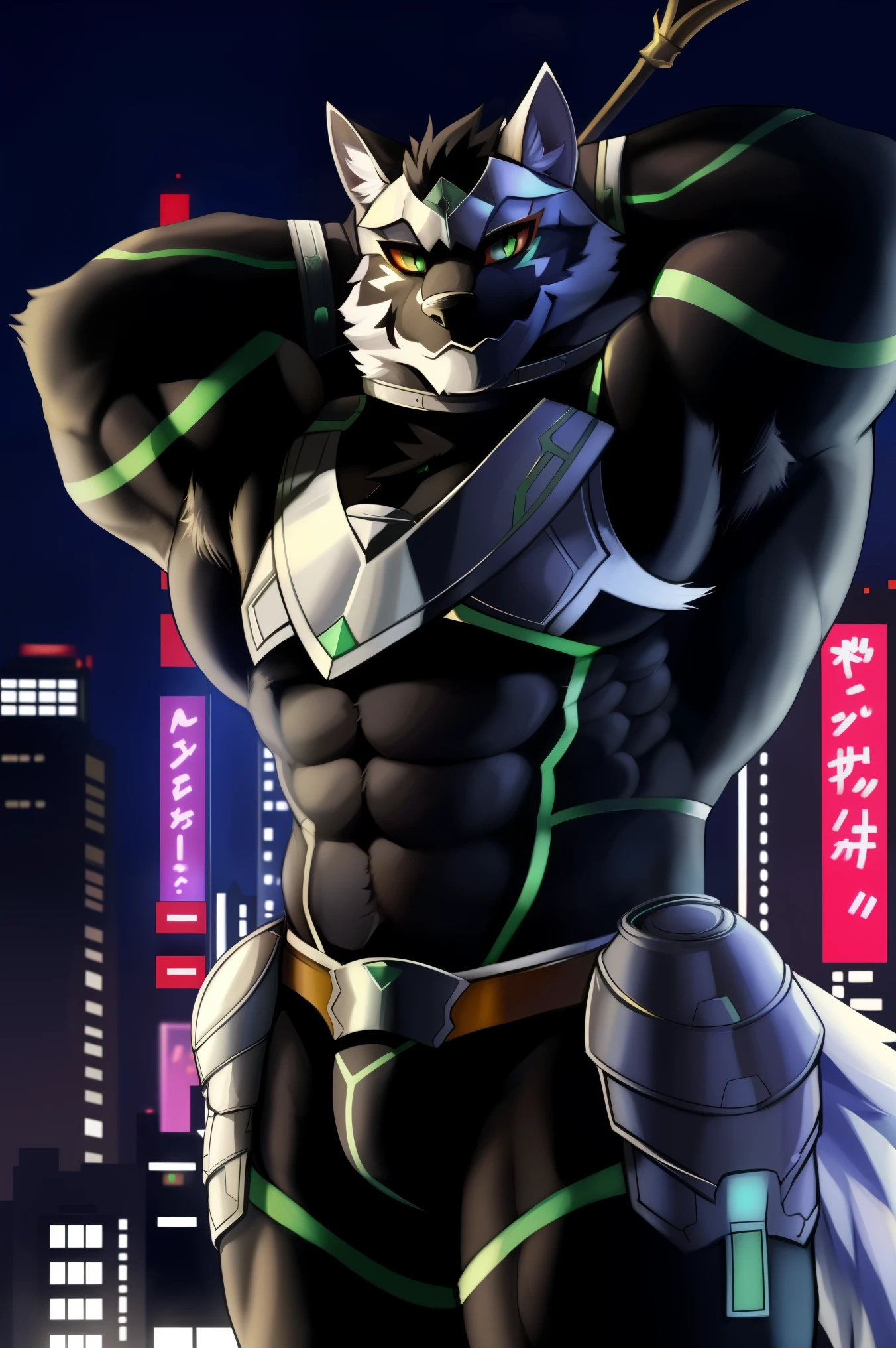 monomass, One, (soft shading), 4K, it&#39;s empty here, (detailed face, detailed eyes, detailed), ((whole body)), от zackary911, from Sausch, (by Staff:0.5), male, Muscular male, only, Muscular,  Looking at the viewer, 1 boy, male focus, Hips, cowboy shot, Armor, nails, bodysuit, feet behind the frame, press, shoulder Armor, claws, Convex, shoulder pads, sharp nails, red sclera, thick arms, green eyes, (outside), night, Tokyo \(city\), hands behind your head