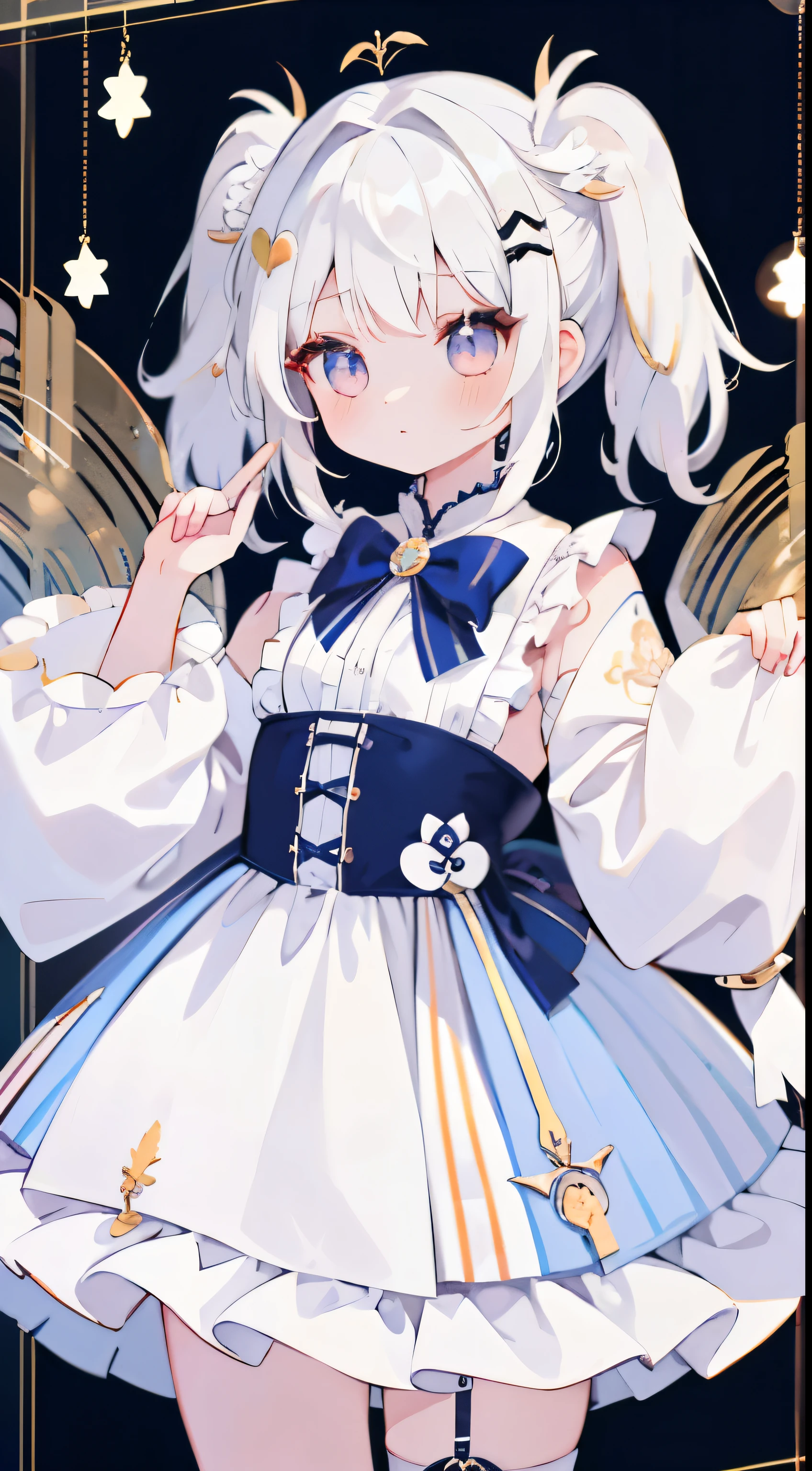 One Girl、white  hair、Medium hair、Twin-tailed、Small twin tails、Angel Wing Hair Ornament、​masterpiece、top-quality、Top image quality、cute little、Idol costumes、