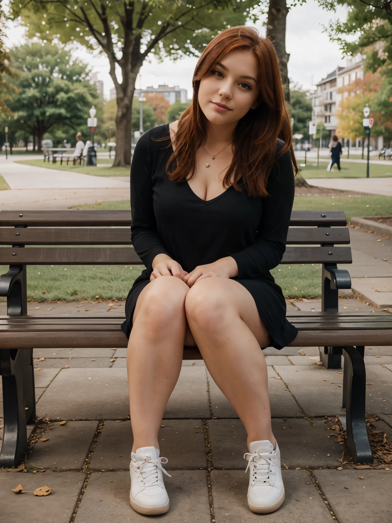 Thick redheas girl, wearing a dress, sitting on a bench in the park