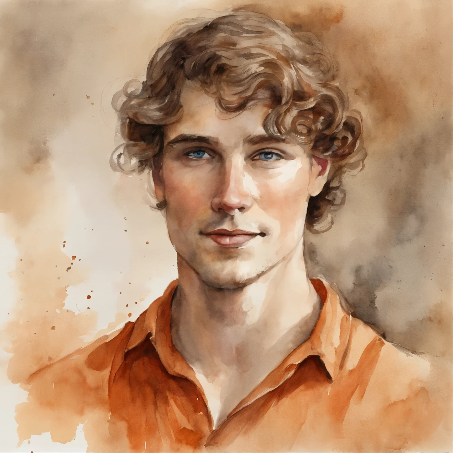 Orange eyes, brown wavy hair, Renaissance painting, 26-year-old man, cheerful, orange and light red colors