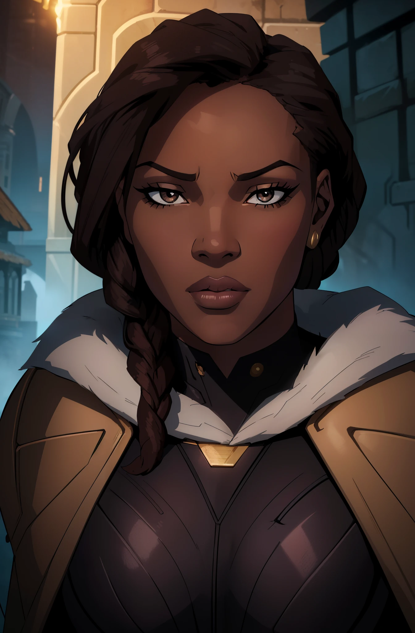 professional, atmospheric lighting, illustration, cover art, (black:1.2), (portrait), splash, beautiful face detailed, hazelnut eyes, (attractive young woman:1.3), (seductive:1.1), bokeh, brown skin, beautiful African-American woman, ((huge lips)), eyelashes, solo, 1 girl, sultry expression, (squint eyes:1:1.3) direct look, contoured