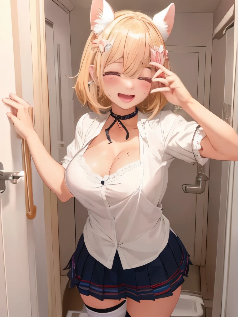 (8K, ultra high resolution, 朝美麗公式アートA masterpiece of the highest quality, professional detailed wallpaper, Ultimate Highly Detailed Everything, anime images, game cg),perfect human body、detailed face、detailed eyes), 1girl,dark skin,short hair,white shirt,cleavage,blonde hair,smirk,choker,pleated skirt,thighhighs、background bedroom , detailed background、detailed person、background bokeh、shadow、dark toilet、dark、lights out、shadow、Stains on the walls、Dark and dirty private toilet、dirty toilet、public toilet、official art、full CG、high quality、high resolution、8k, high vision、detailed、clear、live-action、(dripping sweat、oil skin,sparkling skin、realistic skin texture、detailed beautiful skin、shiny skin、shiny skin), (立っている:1.5、ahegao:1.8, メスガキスマイル:1.8, 壁ドン:1.8)、(((迸る汗、オイル肌,キラキラ肌、リアルな肌の質感、詳細な美しい肌、テカる肌、光沢のある肌)))、break、(((壁の汚れ、床の汚れ))), smoke, 消えた照明
