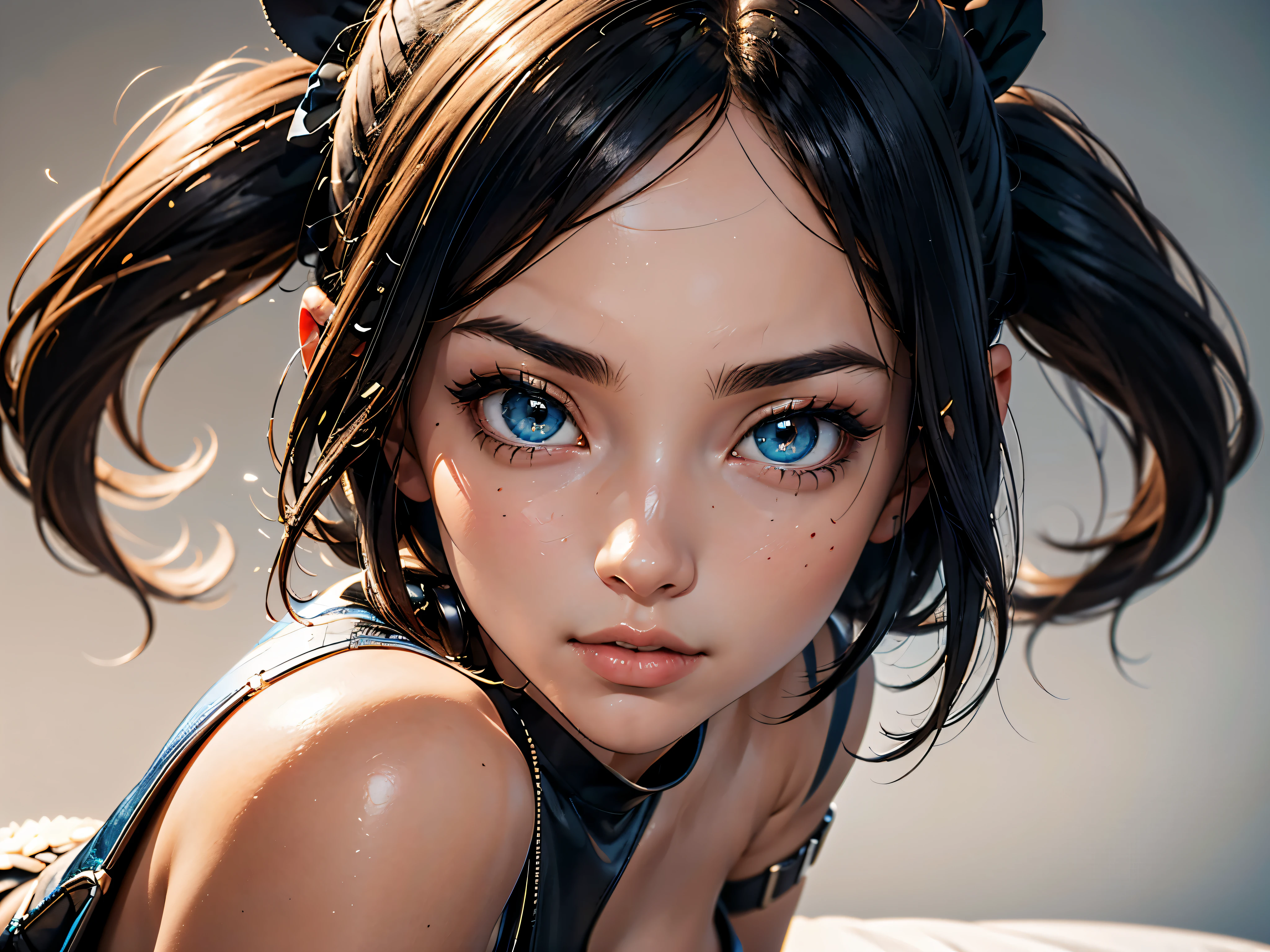 Generate 3D blue almond shaped anime-style eyes of a 26 years old woman, perfect studio lighting to enhace details of eyes, ((front shot looking directly to camera, sharp focus on eyes)), ensure that the output is of high quality with a white background. Make a macro shot where I can see an extremely close and detailed zoom of the eyes, 8K, best quality, more details, ultra high definition.