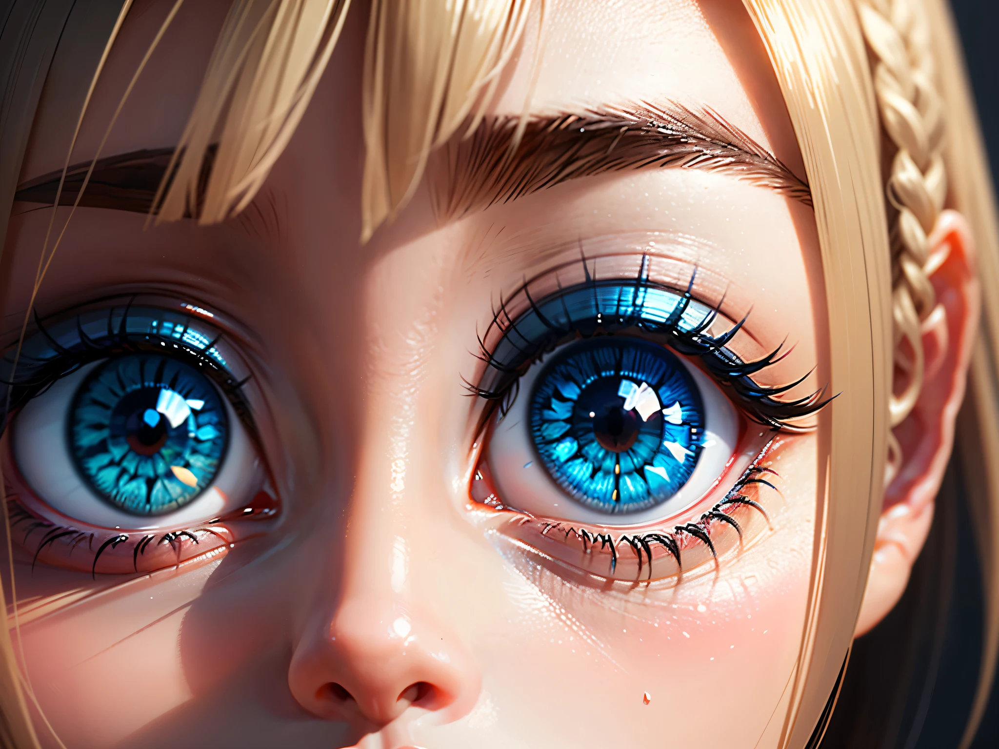Generate 3D blue anime-style eyes of a 26 years old woman. (((Only draw the eyes))),ensure that the output is of high quality with a white background. Make a macro shot where I can see a very detailed zoom of the eyes, very close.