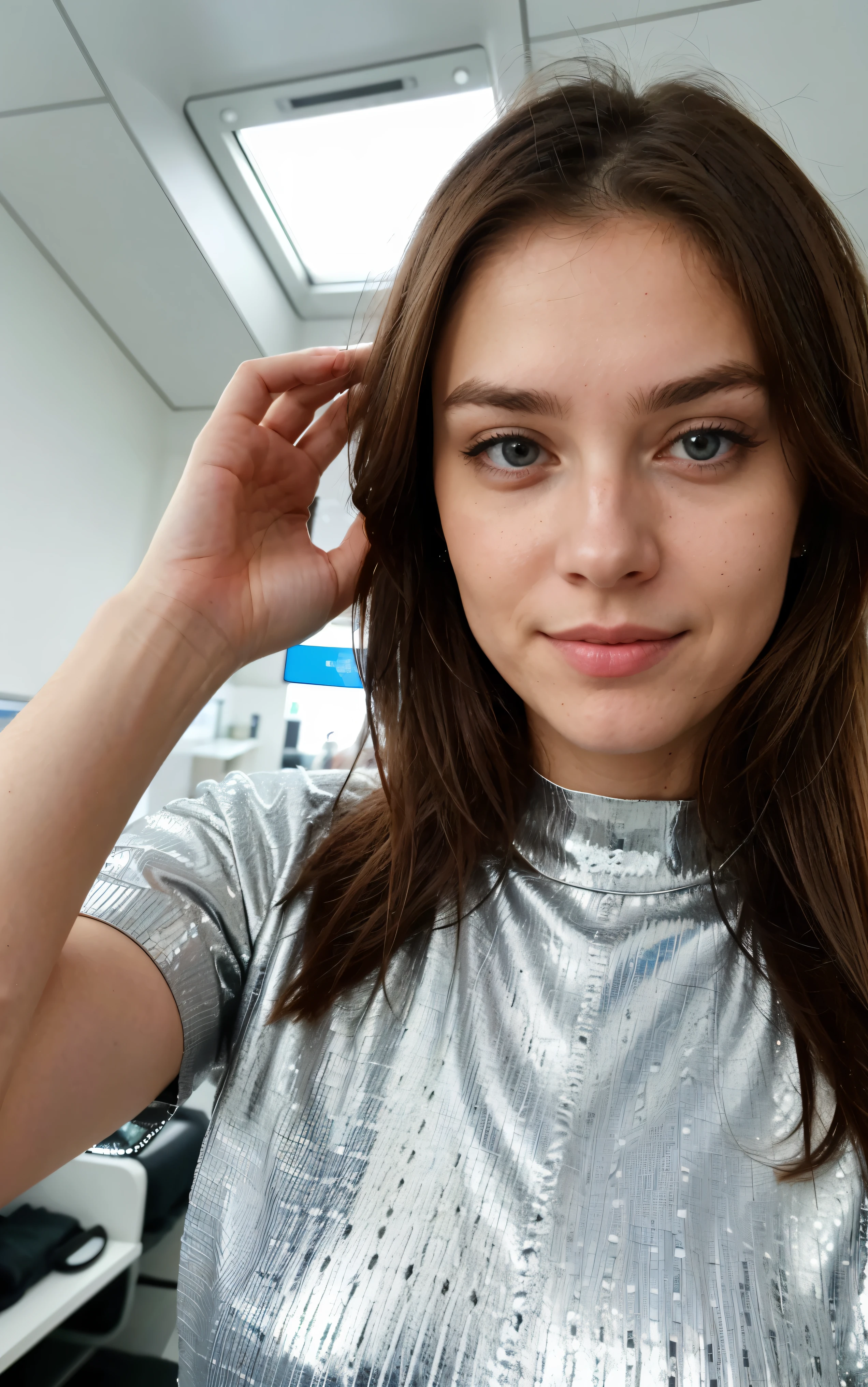 (Selfies machen, Draufsicht: 1.4), (straight half of the fuselage: 1.4), Portrait photo of a 24-year-old French woman in RAW UHD format (Blue-eyed woman), steht im flur,Einzelheiten (Texturen! , Haar! , glitzernd, Farbe!! , Unvollkommenheiten: 1.1), very detailed, shiny eyes (schaut in die Kamera), DSLR-Beleuchtung, Spiegelreflexkamera, Ultra quality, Sharpness, depth of field, Filmkorn (krankenhaus), Fujifilm XT3, kristallklar, Rahmenmitte, pretty face, scharfer Fokus, Detaillierte Hautporen, fettige Haut, SonnenBräune, komplexe Augendetails