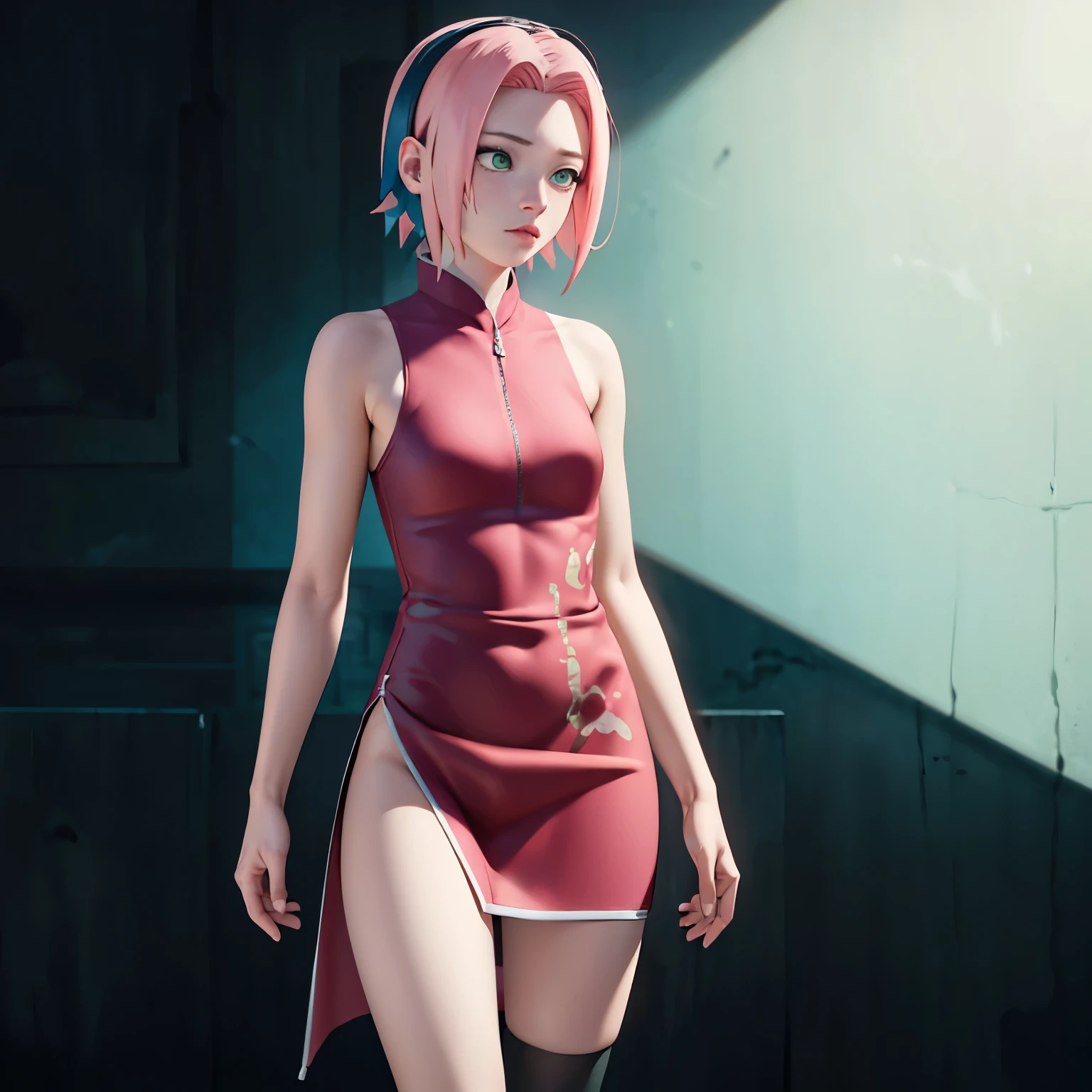 ((Masterpiece: 1.2)), ((high quality)), ((detail)), 1girl, solo, perfect face, pefect body, perfect anatomy, pretty girl, cute girl, sakura haruno, short hair, green eyes, pink hair color, red Qipao, long dress, long dress slit, bare bottom, no panty, hanging up ass, pussy visible from behind, black stockings, high sock knee, black sock, realistic, reality, high quality image, ultra detail, 8k