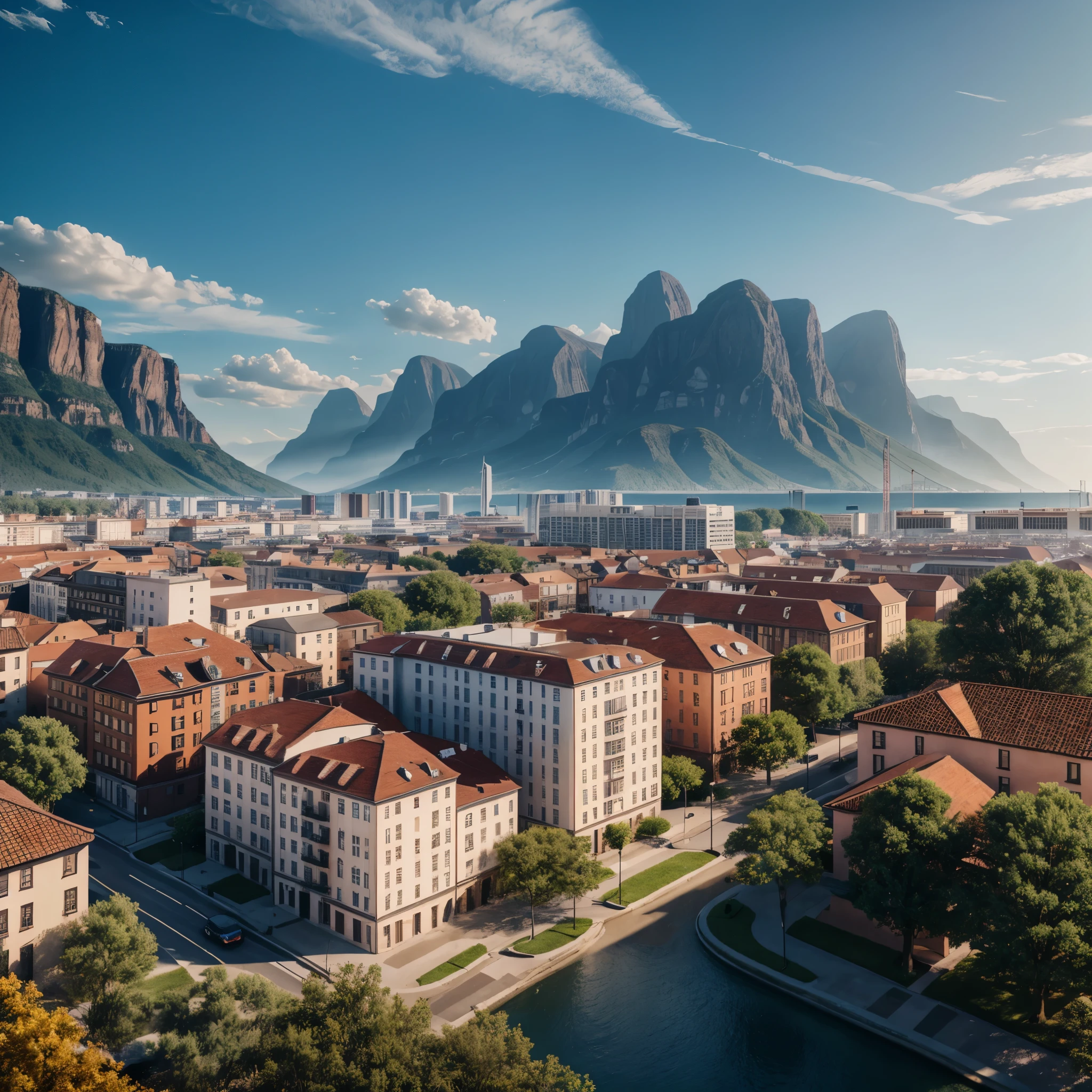 Landscape with buildings, (2020 Alt:1.3), hyper realistic, 8k, vibrant colors, sharp image