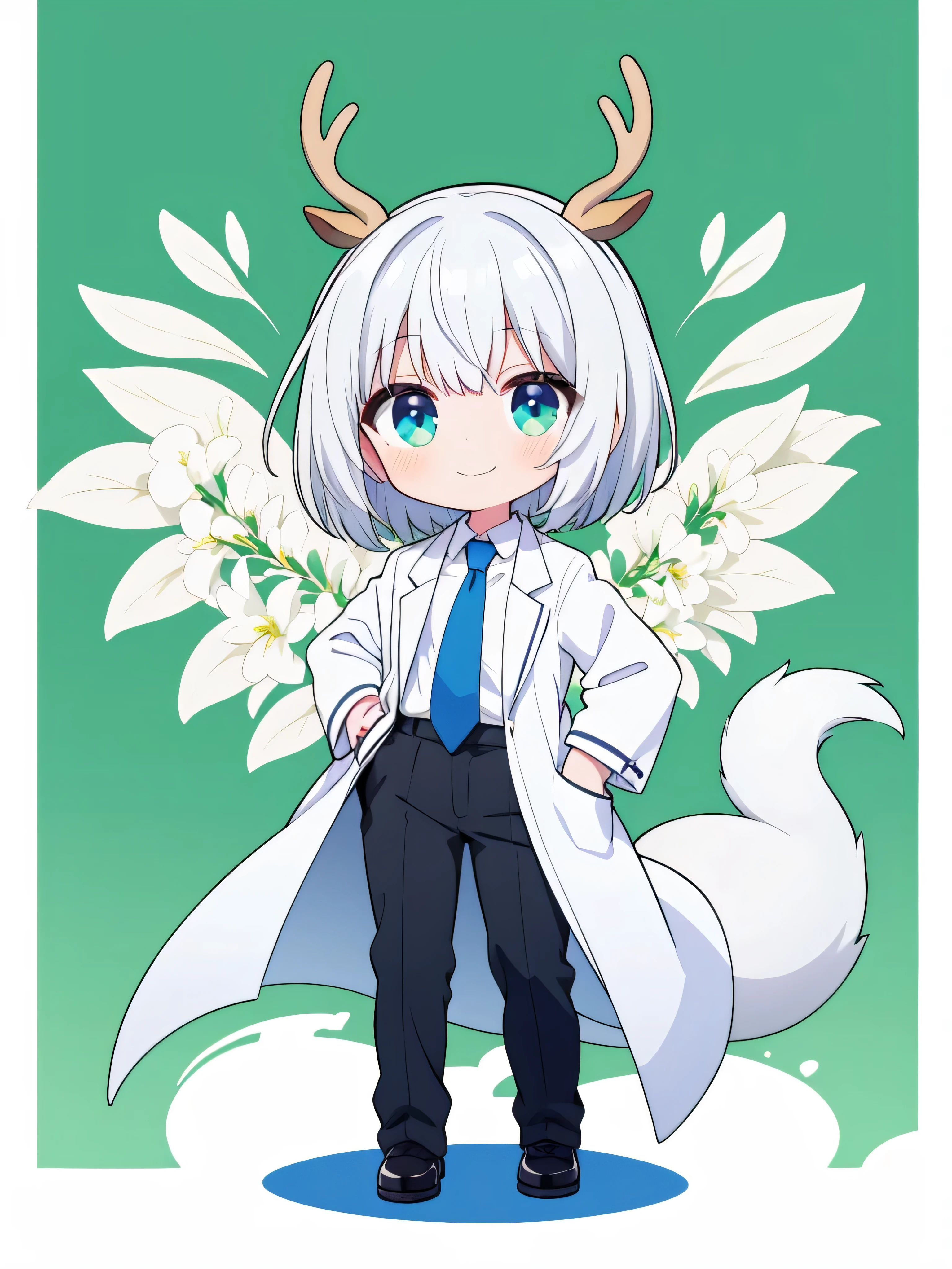 Deer antlers, Little ,white coat ,white shirt, pharmacist ,blue tie , Black slacks,gray hair ,short hair , whole body ,green background , void , smile ,bare hands