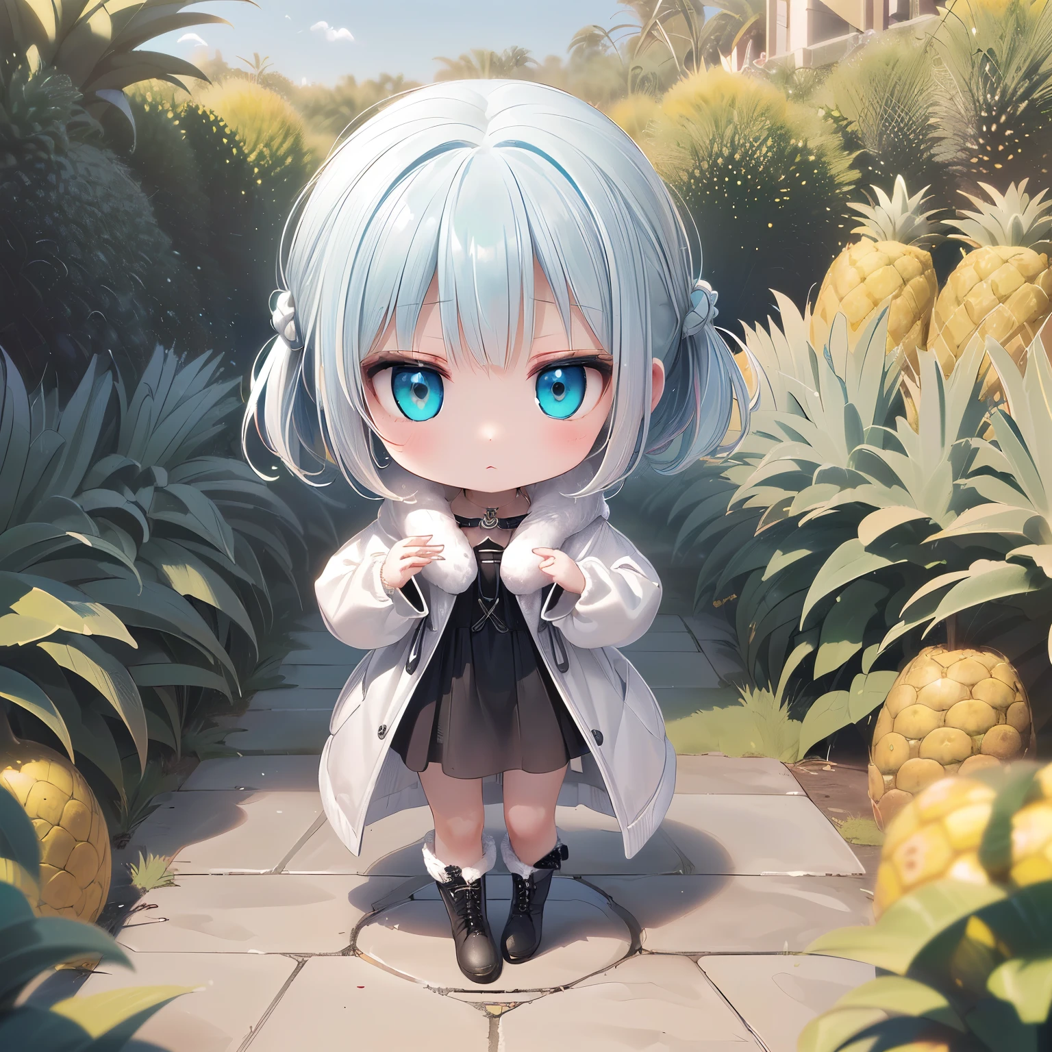 ((chibi, pineapple, 3dcg, 1 girl: 1.5)), (red cheeks, indifference, Expressionless, hair blowing in the wind, almond shaped eyes, shiny white-blue hair,chignon hair, Carefully drawn fingertips: 1.5), (masterpiece, highest quality, Beautiful anatomy: 1.3), (chibi Body,  side view, hood coat with fur,Flashy jewelry accessories, Chic fashion, Full body, Boots,Upward gaze: 1.3), ( A spring wonderland where the sunlight invigorates you, moving freely through the air, guiding light, a beautiful plain of fresh greenery, a shining plumage:1.3), (summoning zombies from the earth with necromancy, worshiping the devil,: 1.4)